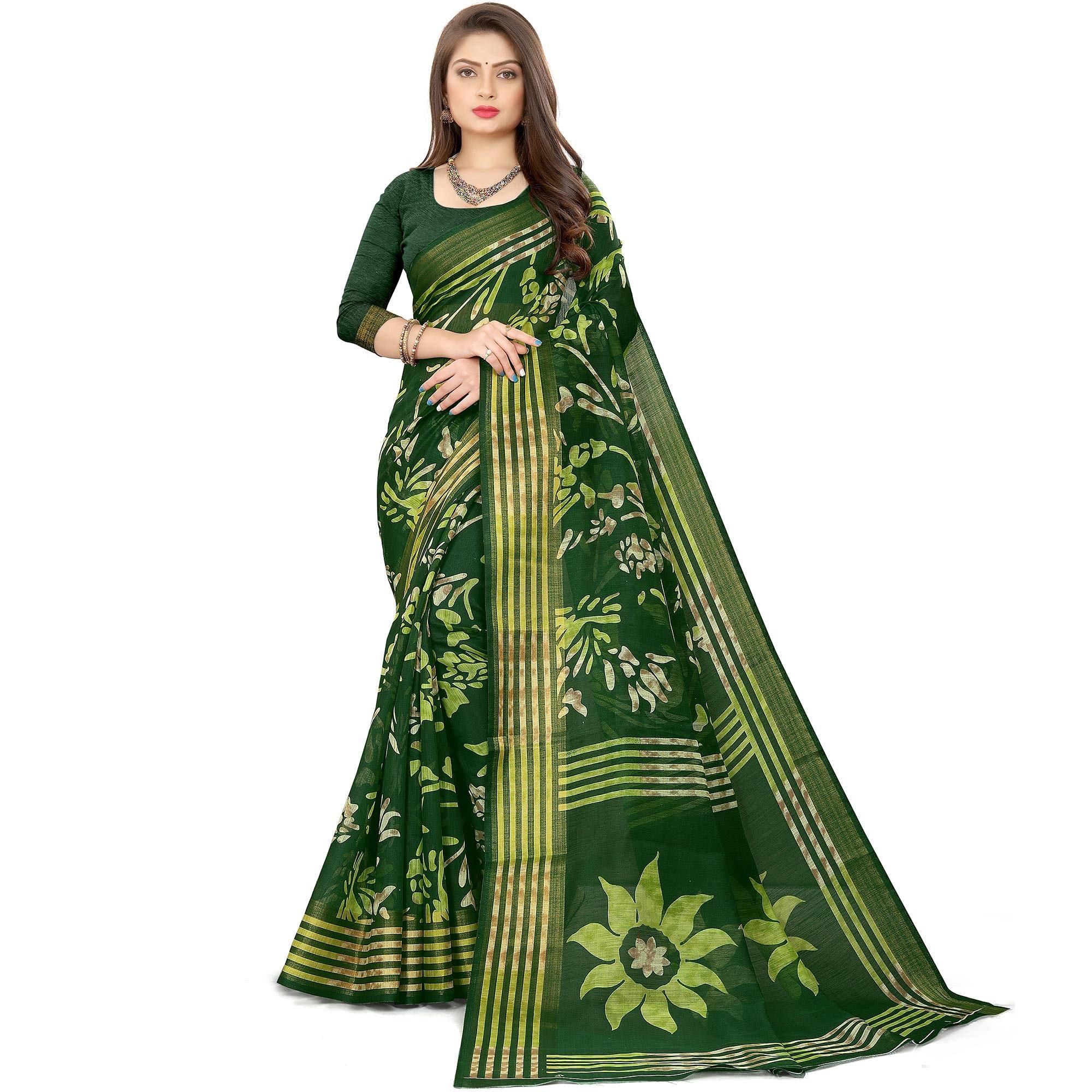Green Casual Wear Floral Printed Cotton Linen Saree - Peachmode