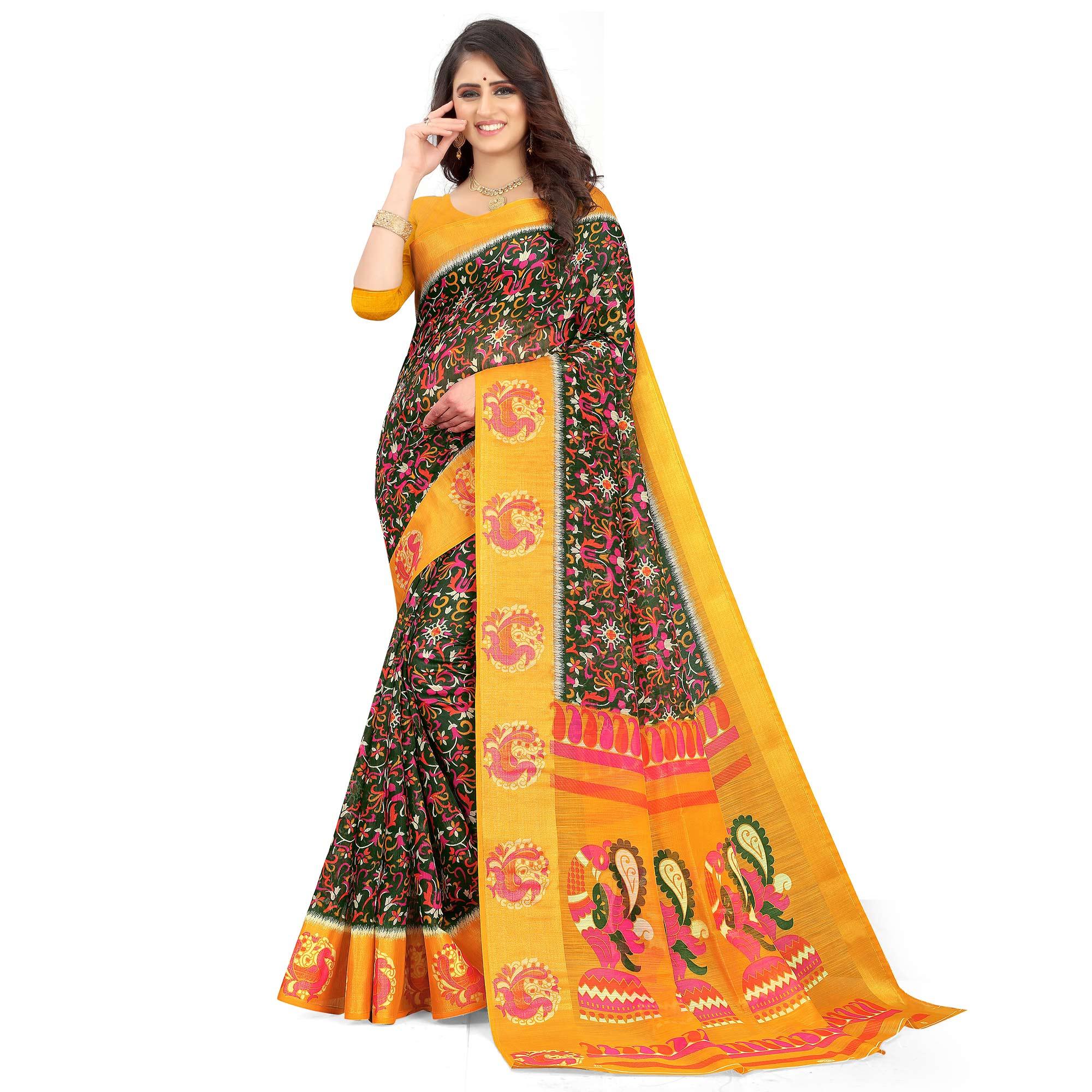 Green Casual Wear Floral Printed Cotton Linen Saree - Peachmode