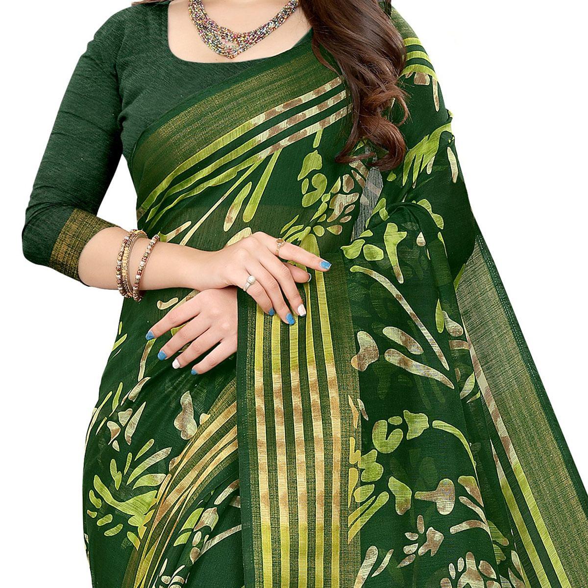Green Casual Wear Floral Printed Cotton Linen Saree - Peachmode