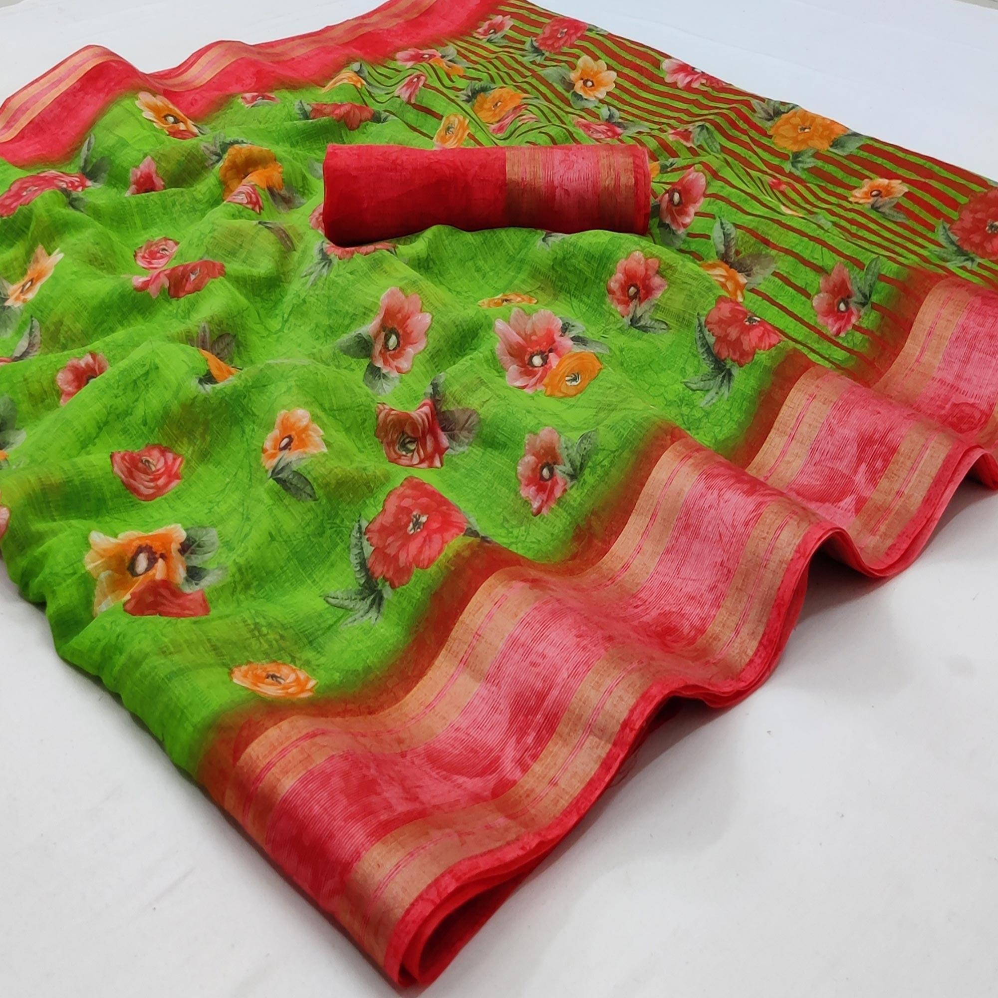 Green Casual Wear Floral Printed Cotton Saree With Woven Border - Peachmode