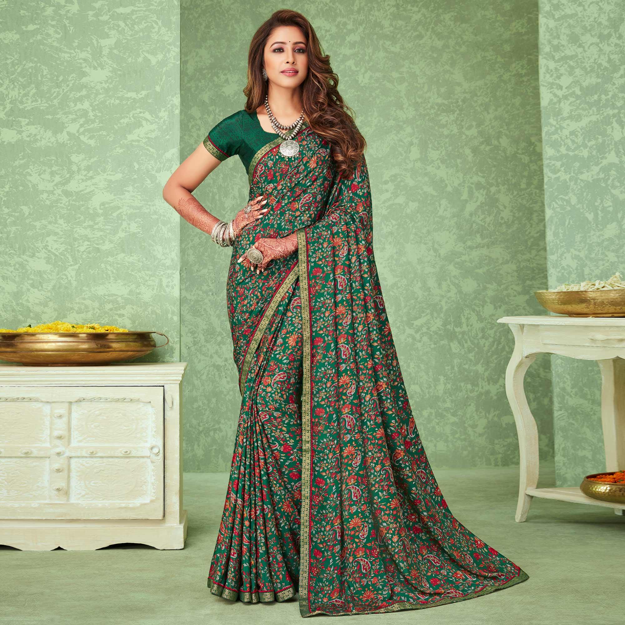 Green Casual Wear Floral Printed Crepe Saree With Banarasi Border - Peachmode