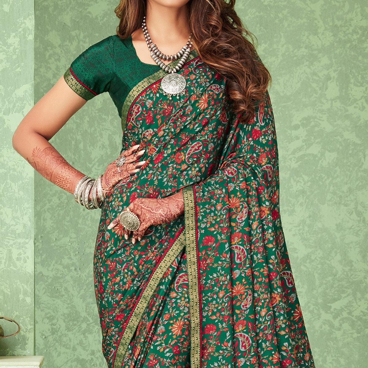 Green Casual Wear Floral Printed Crepe Saree With Banarasi Border - Peachmode