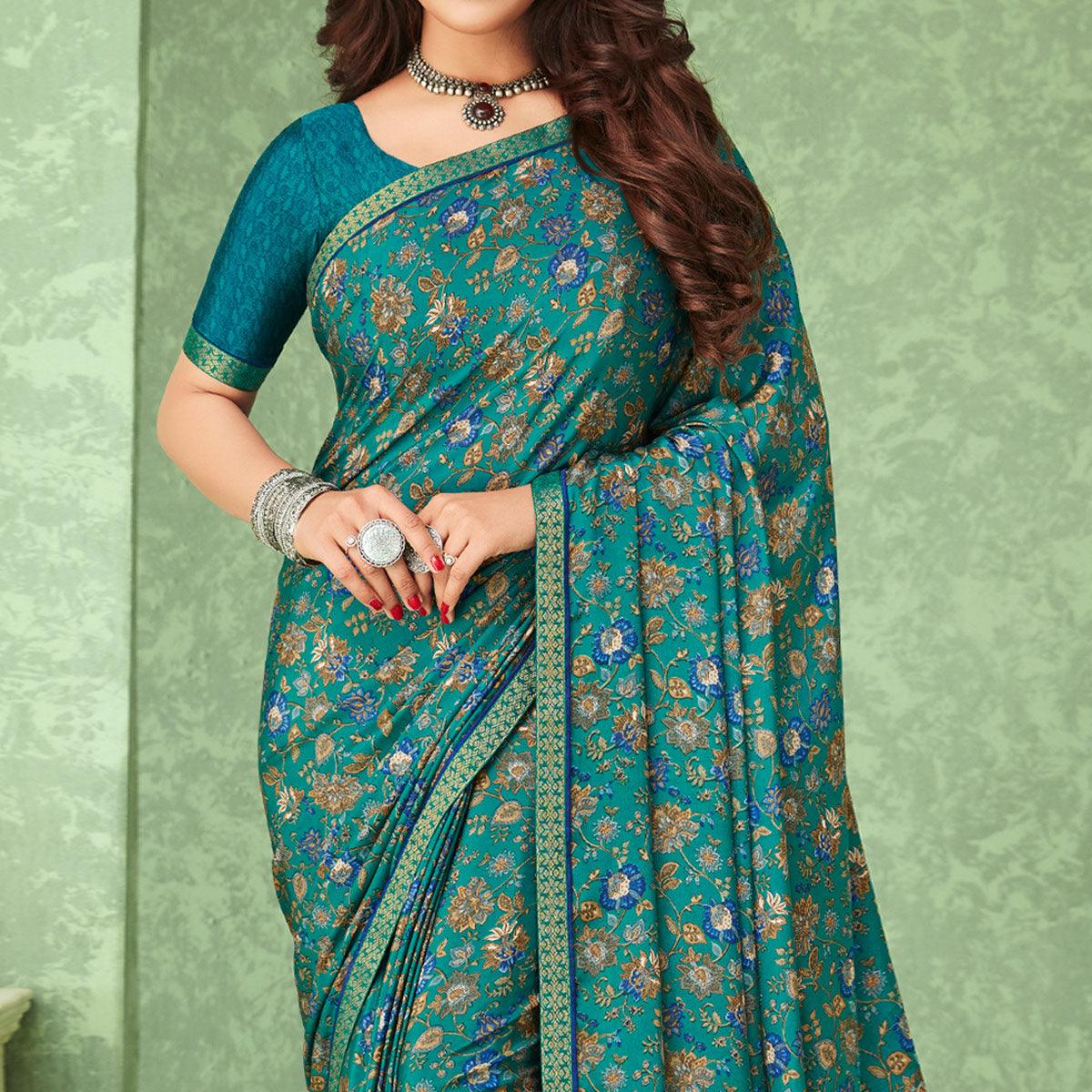 Green Casual Wear Floral Printed Crepe Saree With Banarasi Border - Peachmode