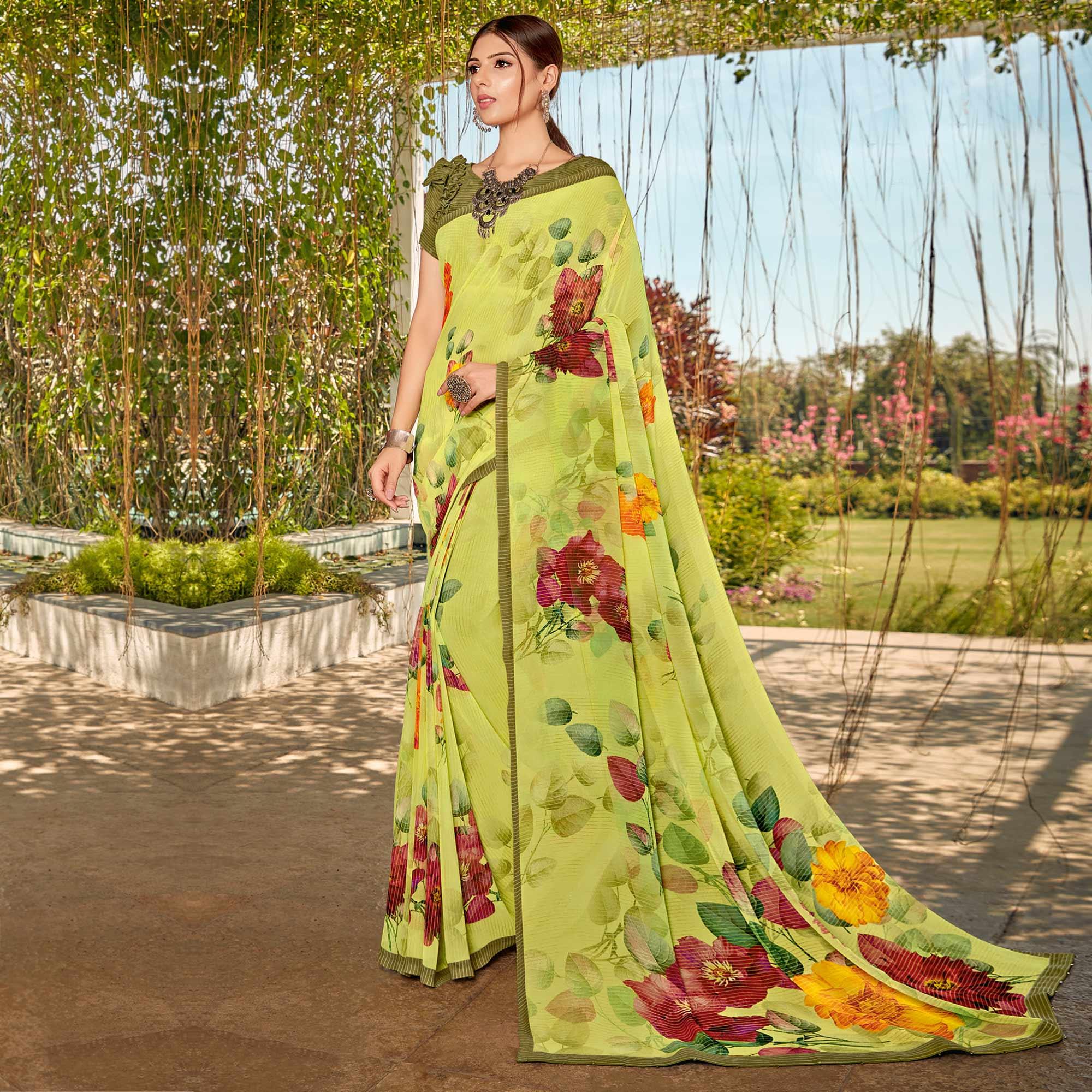 Green Casual Wear Floral Printed Georgette Saree - Peachmode