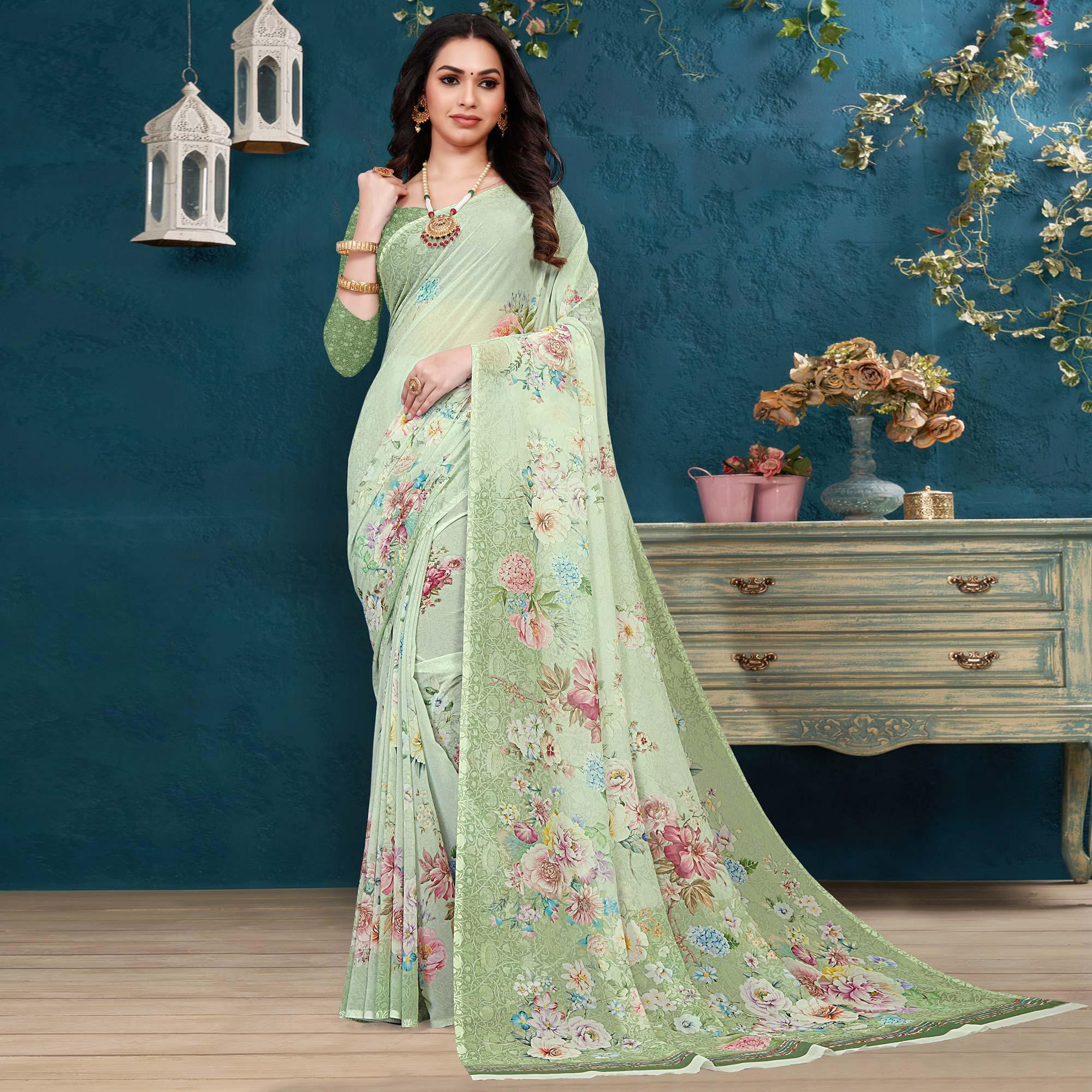 Green Casual Wear Floral Printed Georgette Saree - Peachmode