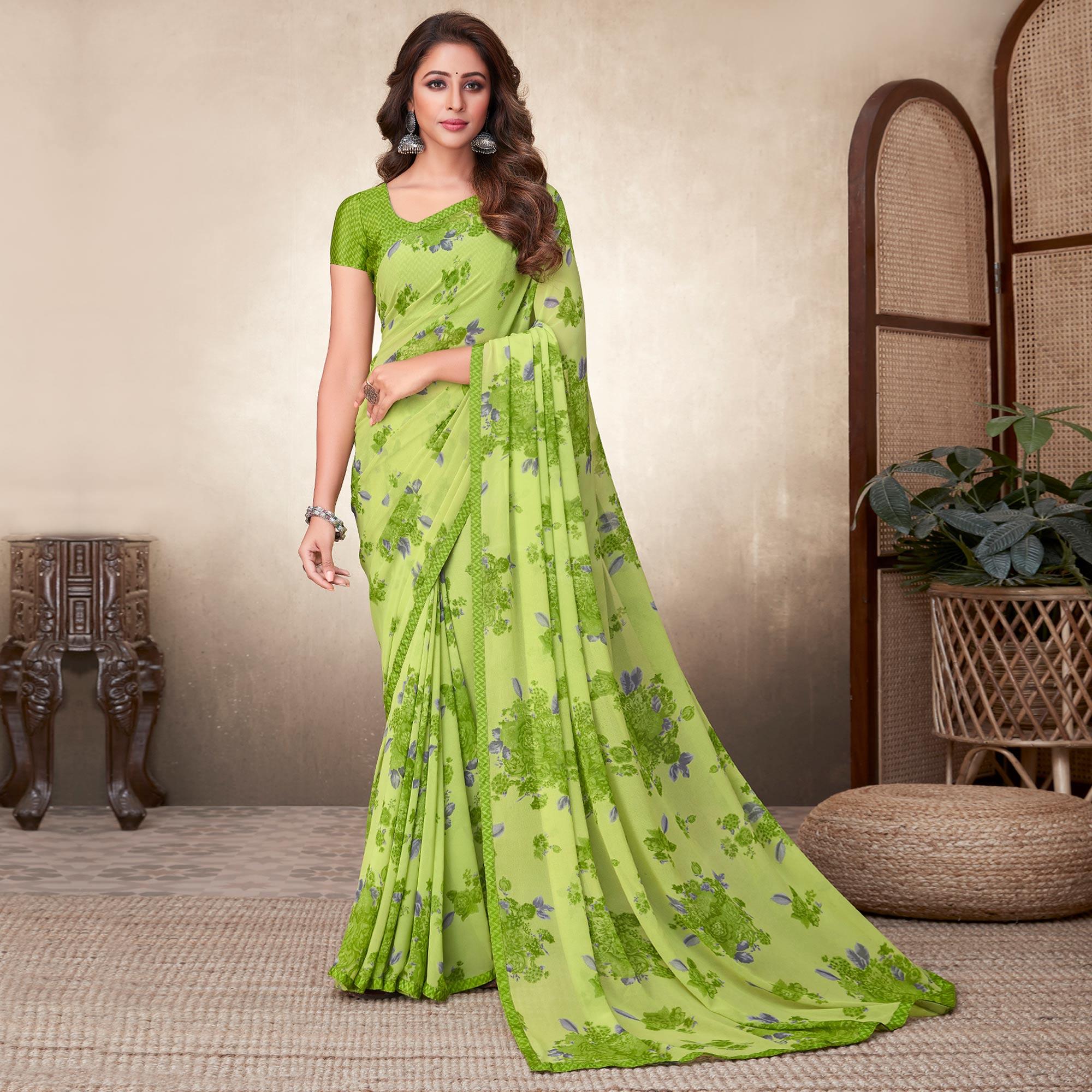Green Casual Wear Floral Printed Georgette Saree - Peachmode
