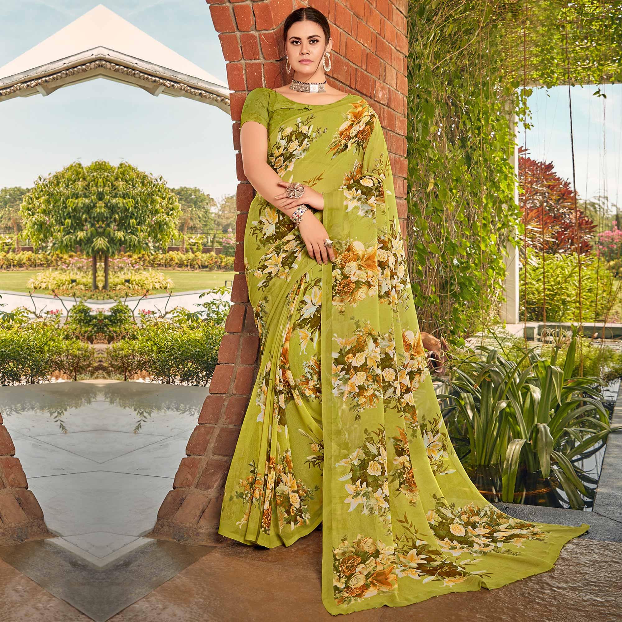 Green Casual Wear Floral Printed Georgette Saree - Peachmode