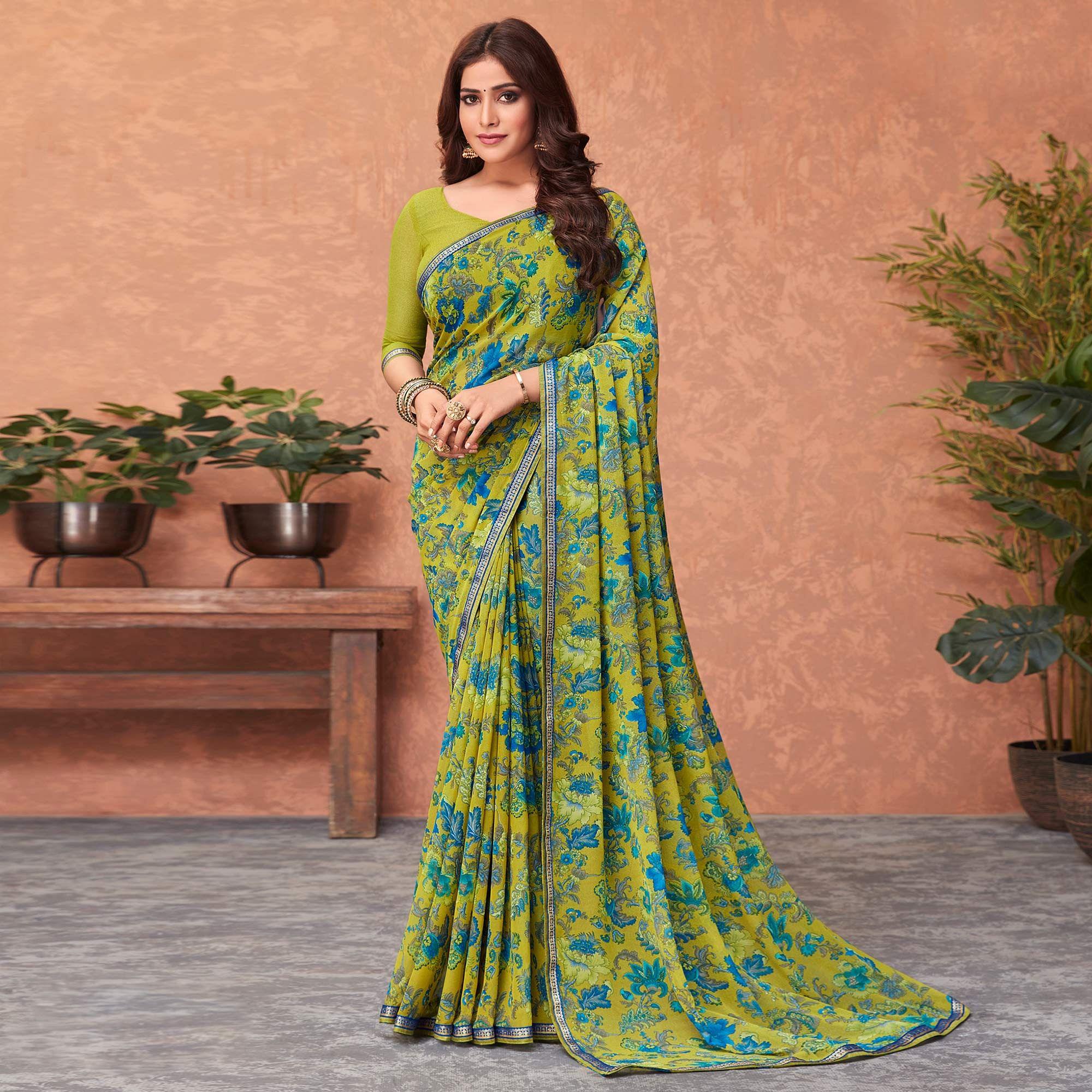 Green Casual Wear Floral Printed Georgette Saree - Peachmode