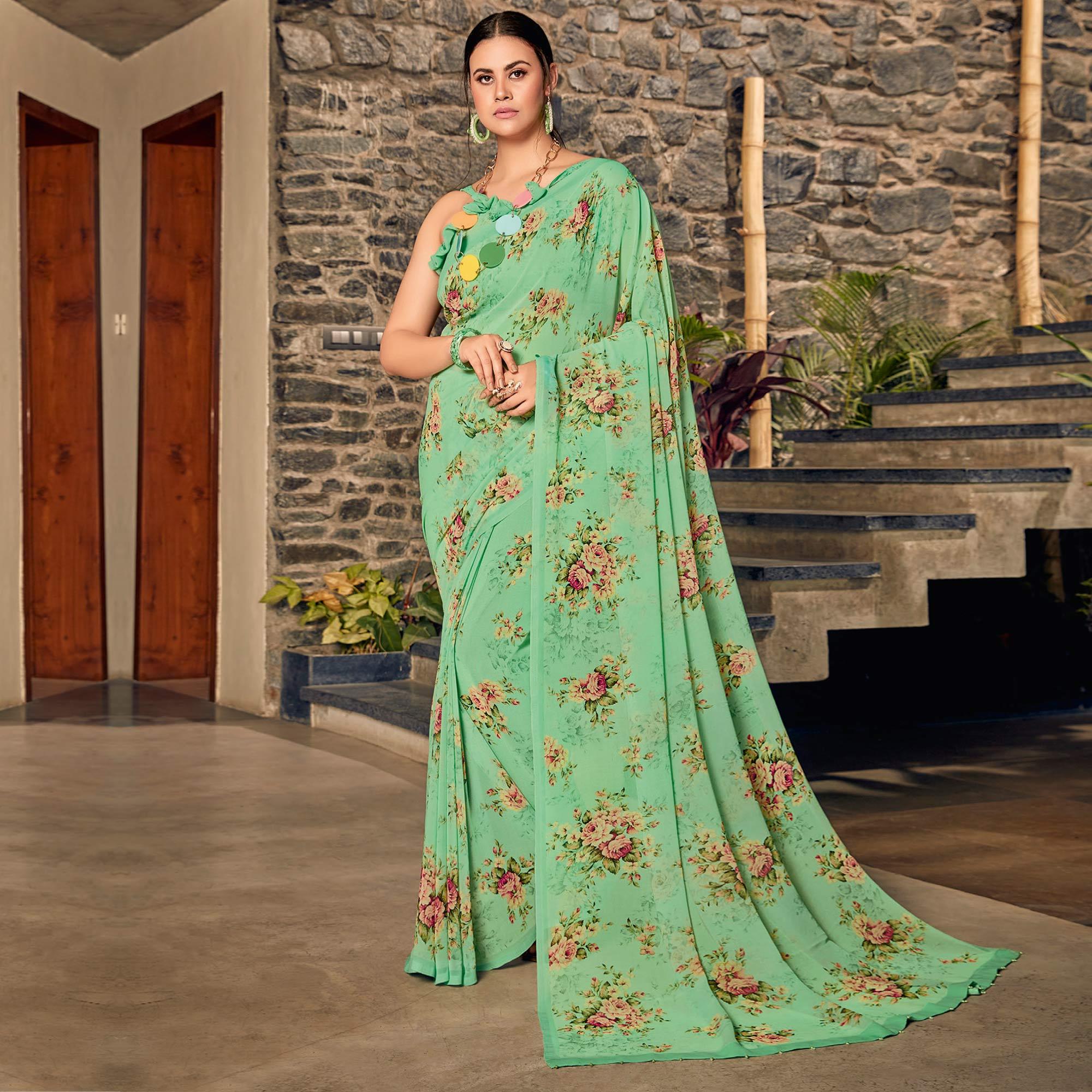 Green Casual Wear Floral Printed Georgette Saree - Peachmode
