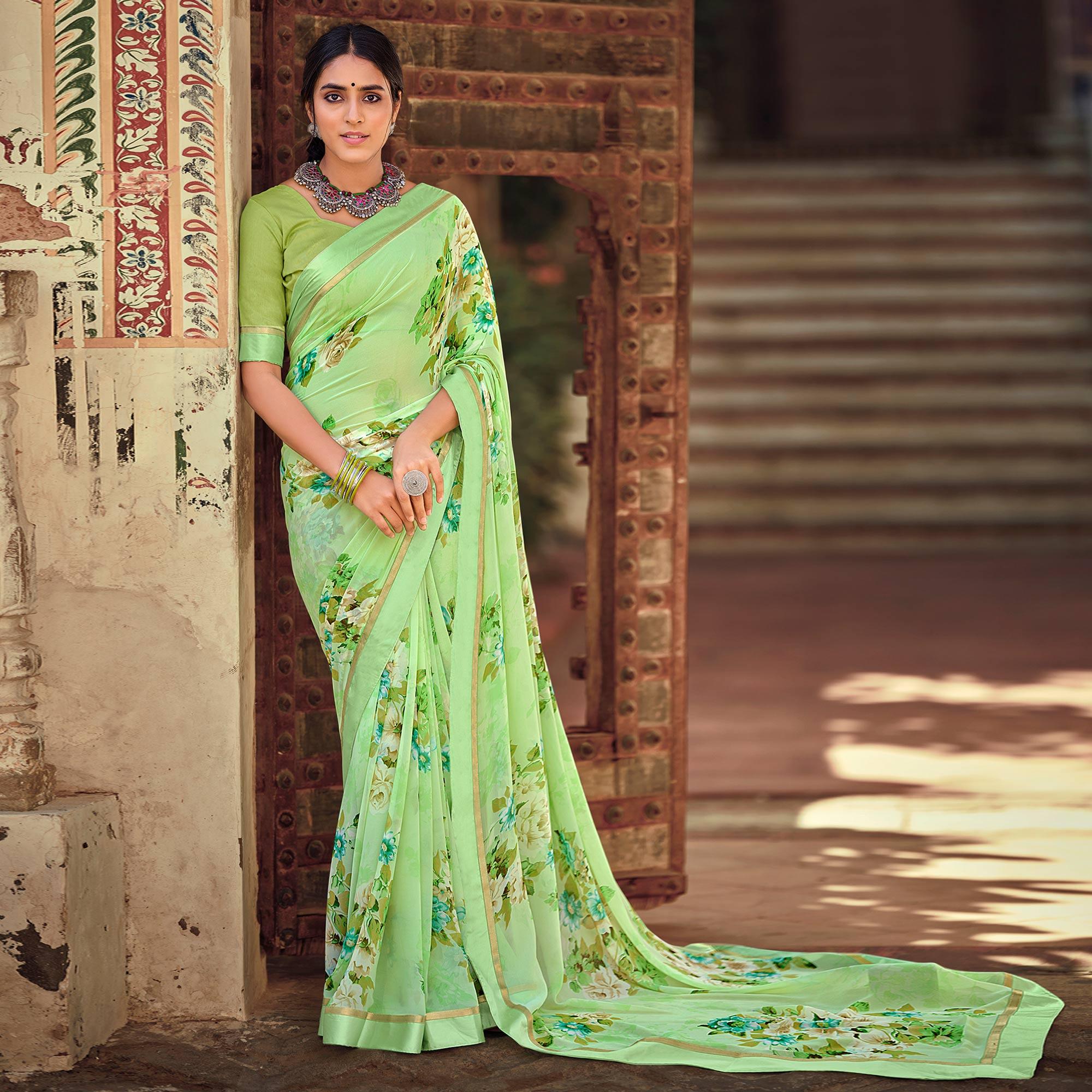 Green Casual Wear Floral Printed Georgette Saree - Peachmode