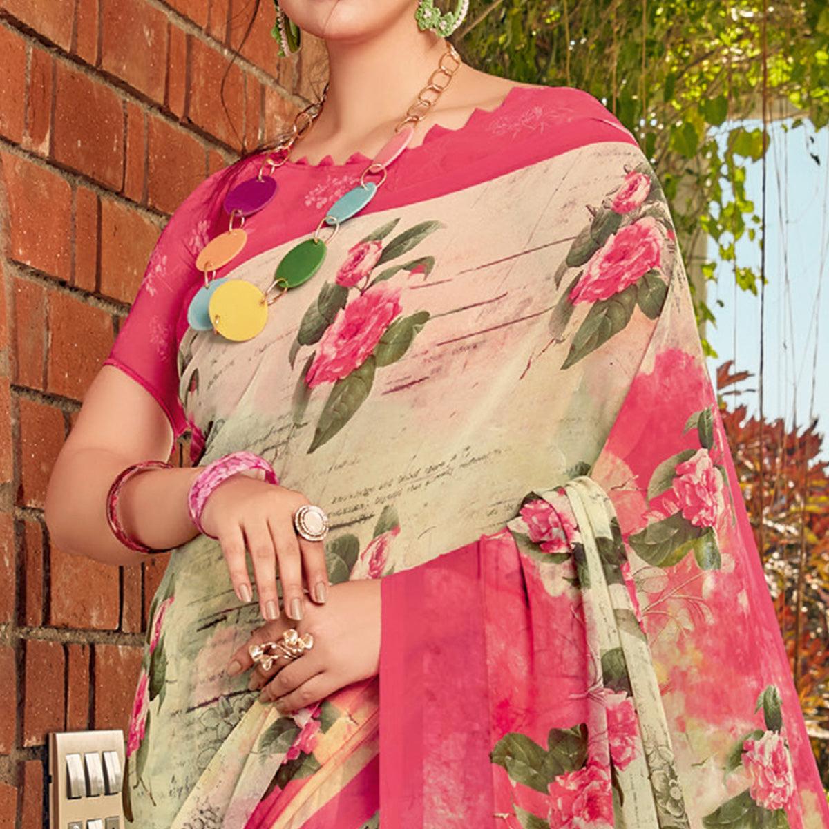 Green Casual Wear Floral Printed Georgette Saree - Peachmode
