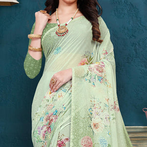 Green Casual Wear Floral Printed Georgette Saree - Peachmode
