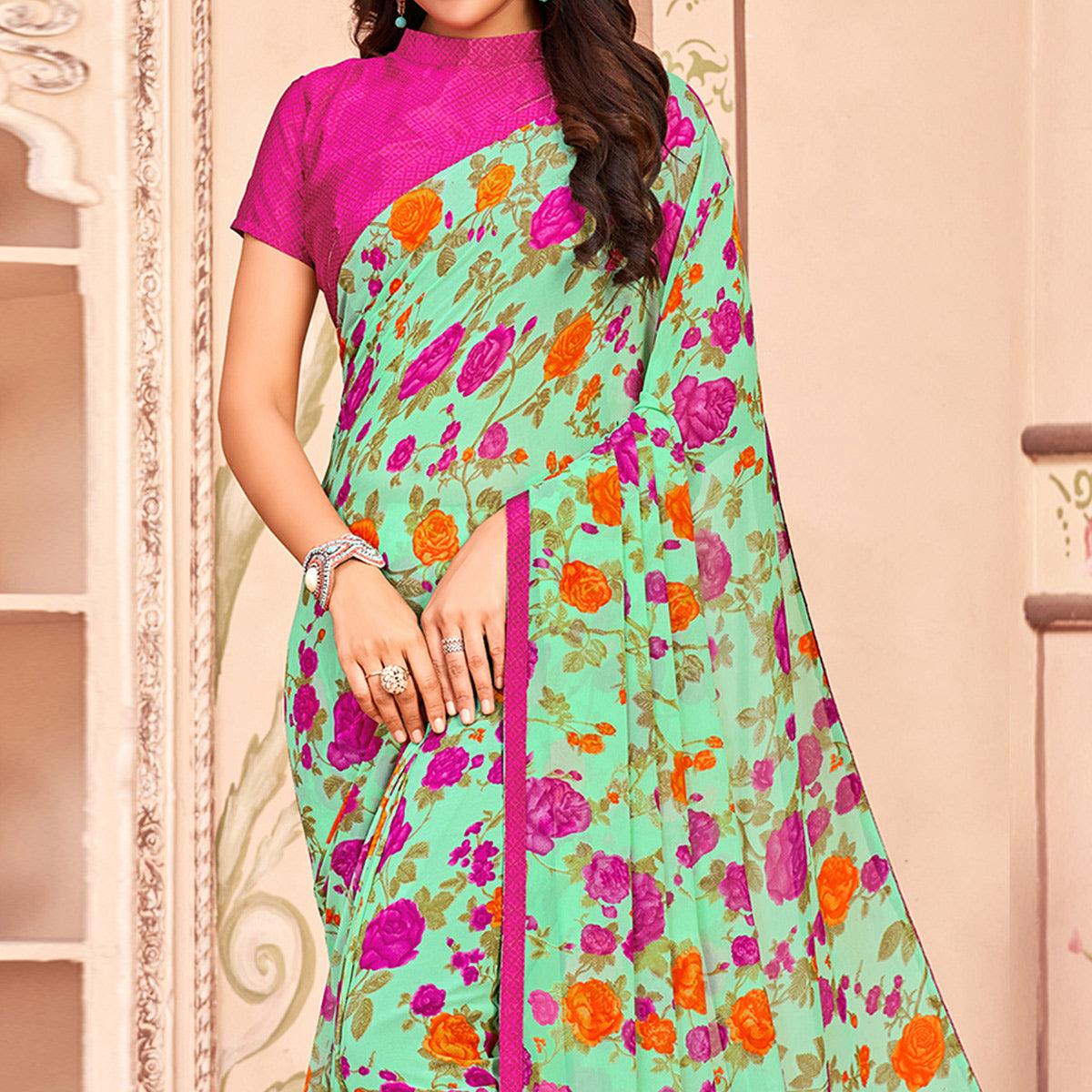 Green Casual Wear Floral Printed Georgette Saree - Peachmode