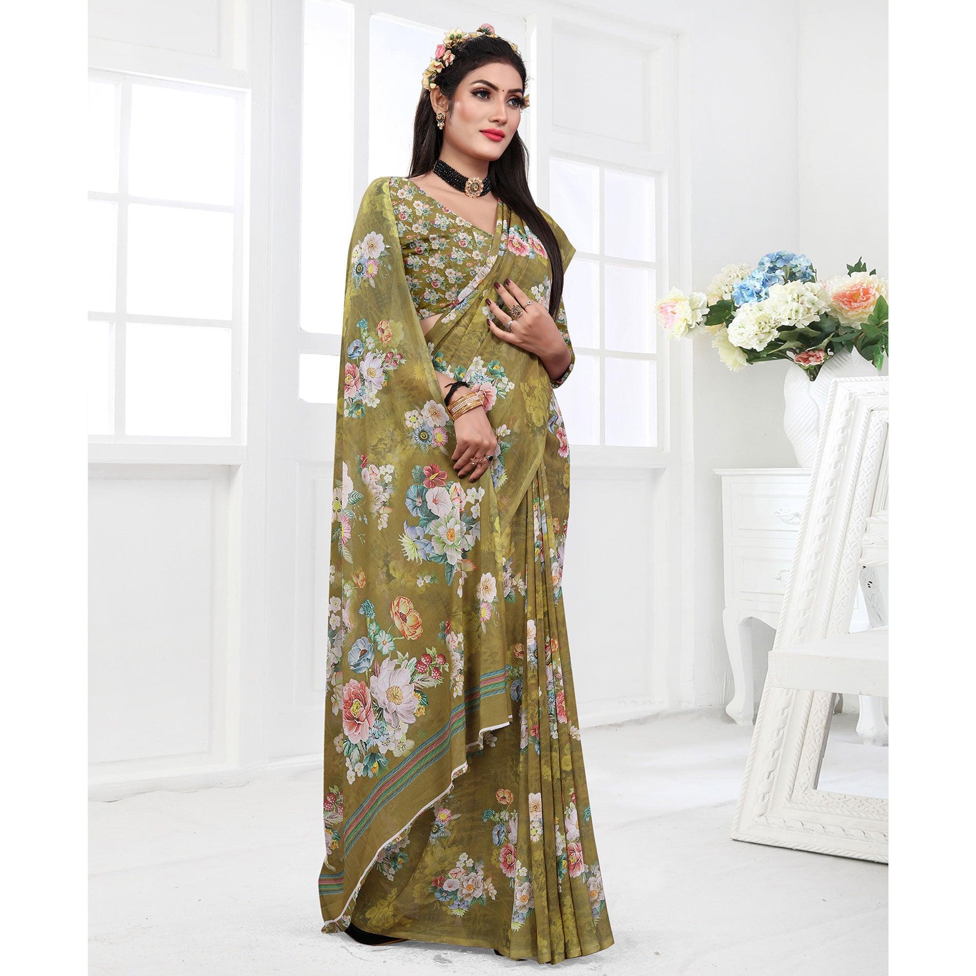 Green Casual Wear Floral Printed Georgette Saree - Peachmode