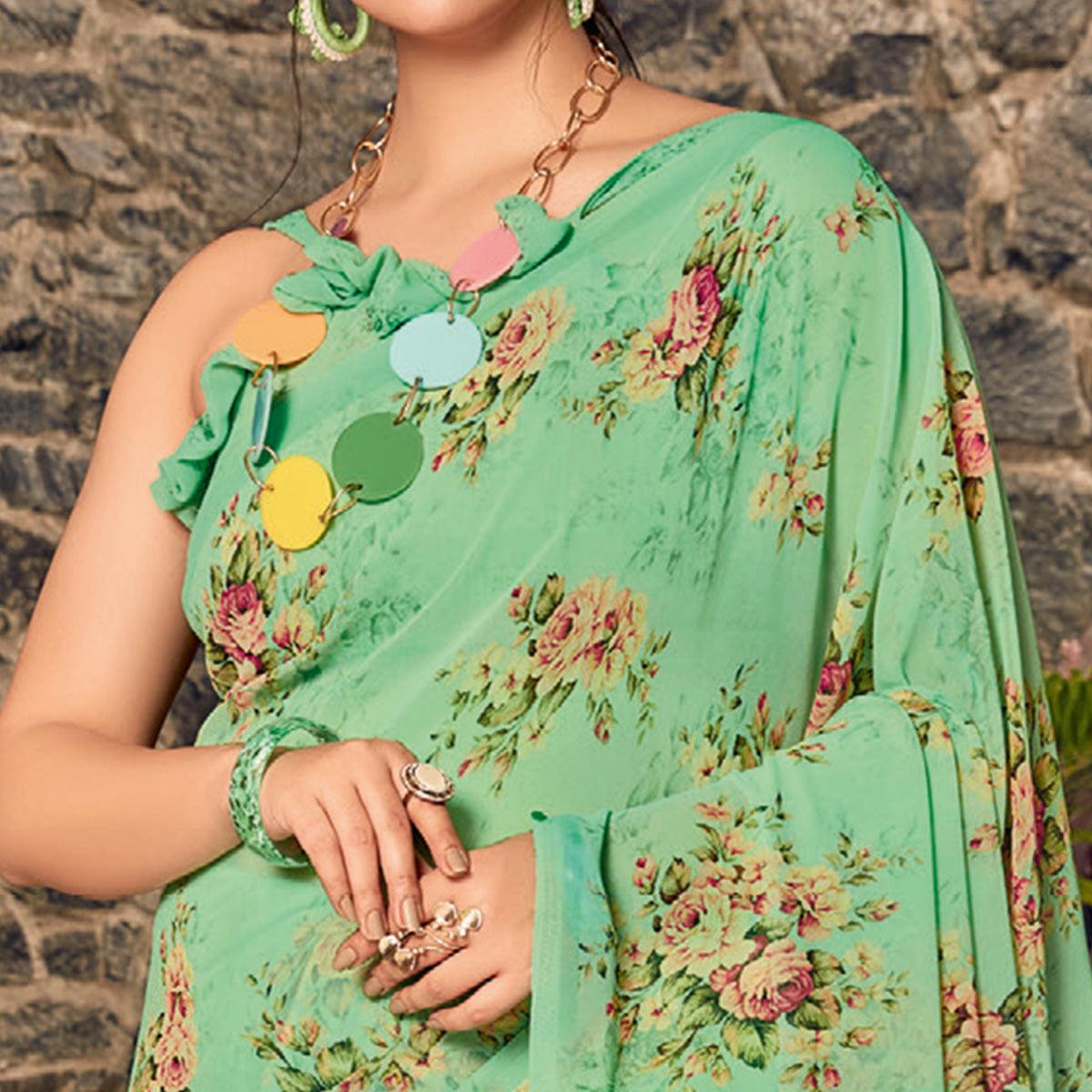 Green Casual Wear Floral Printed Georgette Saree - Peachmode