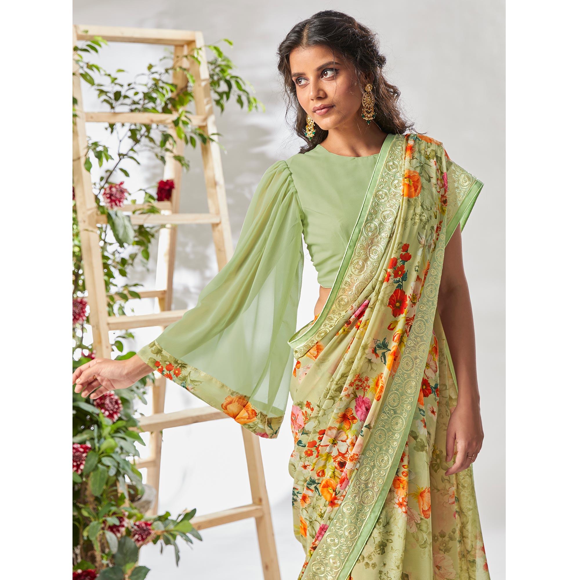 Green Casual Wear Floral Printed Georgette Saree - Peachmode