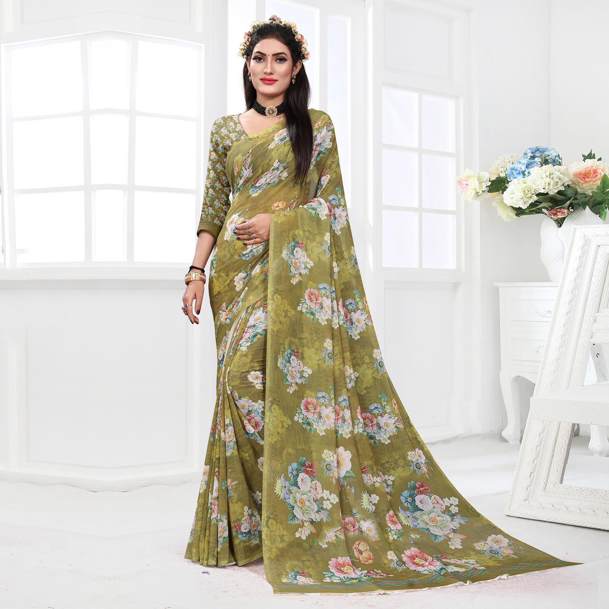 Green Casual Wear Floral Printed Georgette Saree - Peachmode