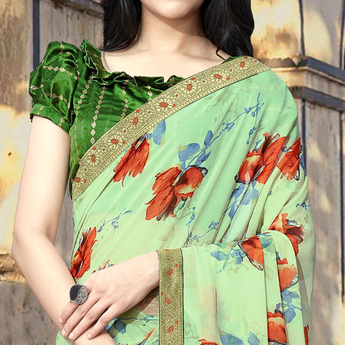 Green Casual Wear Floral Printed Georgette Saree With Lace Border - Peachmode