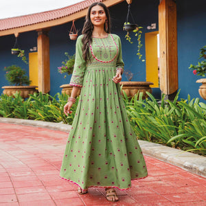 Green Casual Wear Floral Printed Heavy Silk Long Kurti - Peachmode
