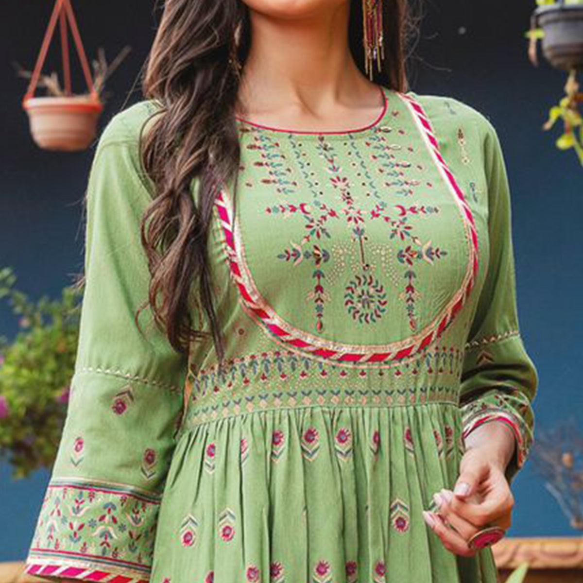 Green Casual Wear Floral Printed Heavy Silk Long Kurti - Peachmode