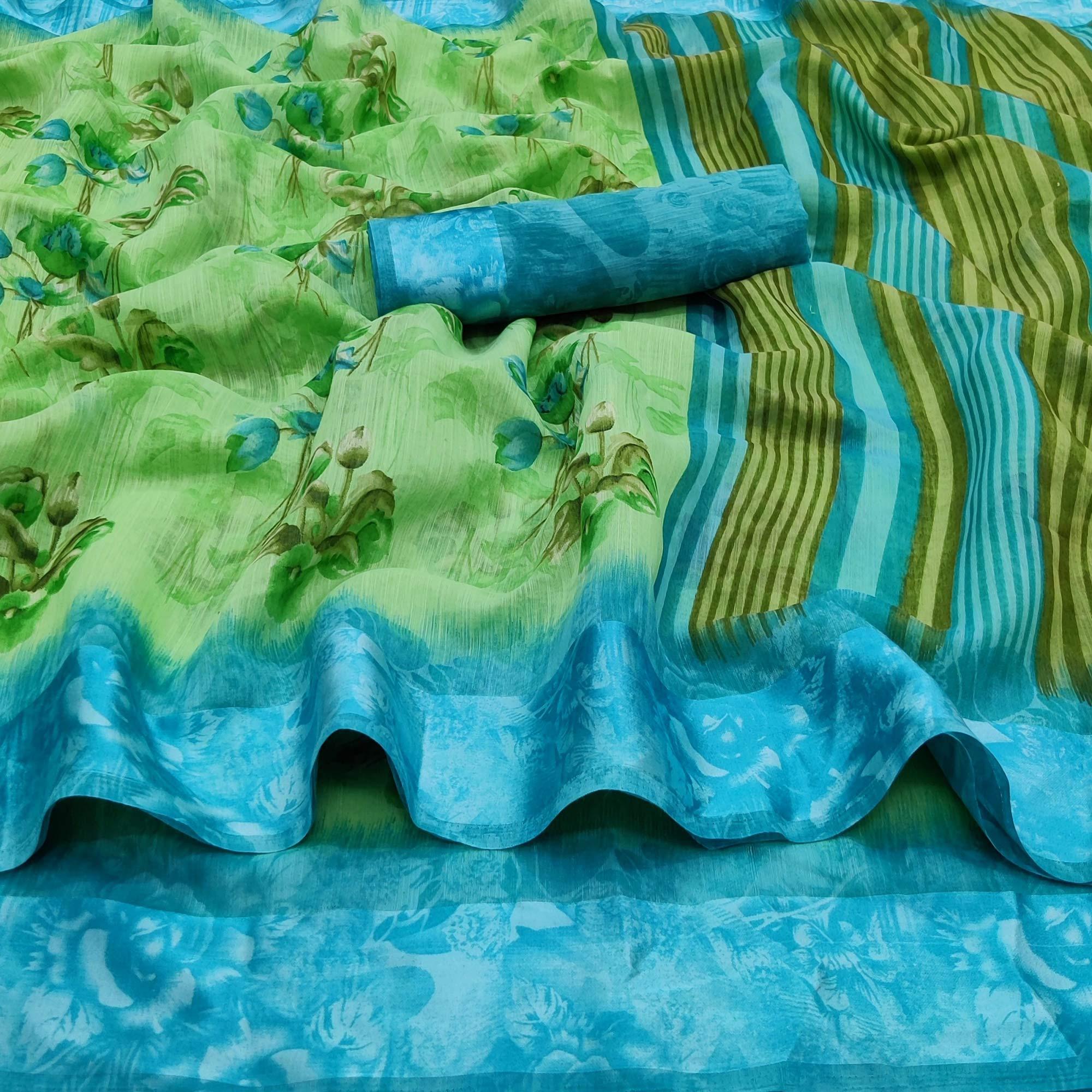 Green Casual Wear Floral Printed Linen-Satin Saree - Peachmode