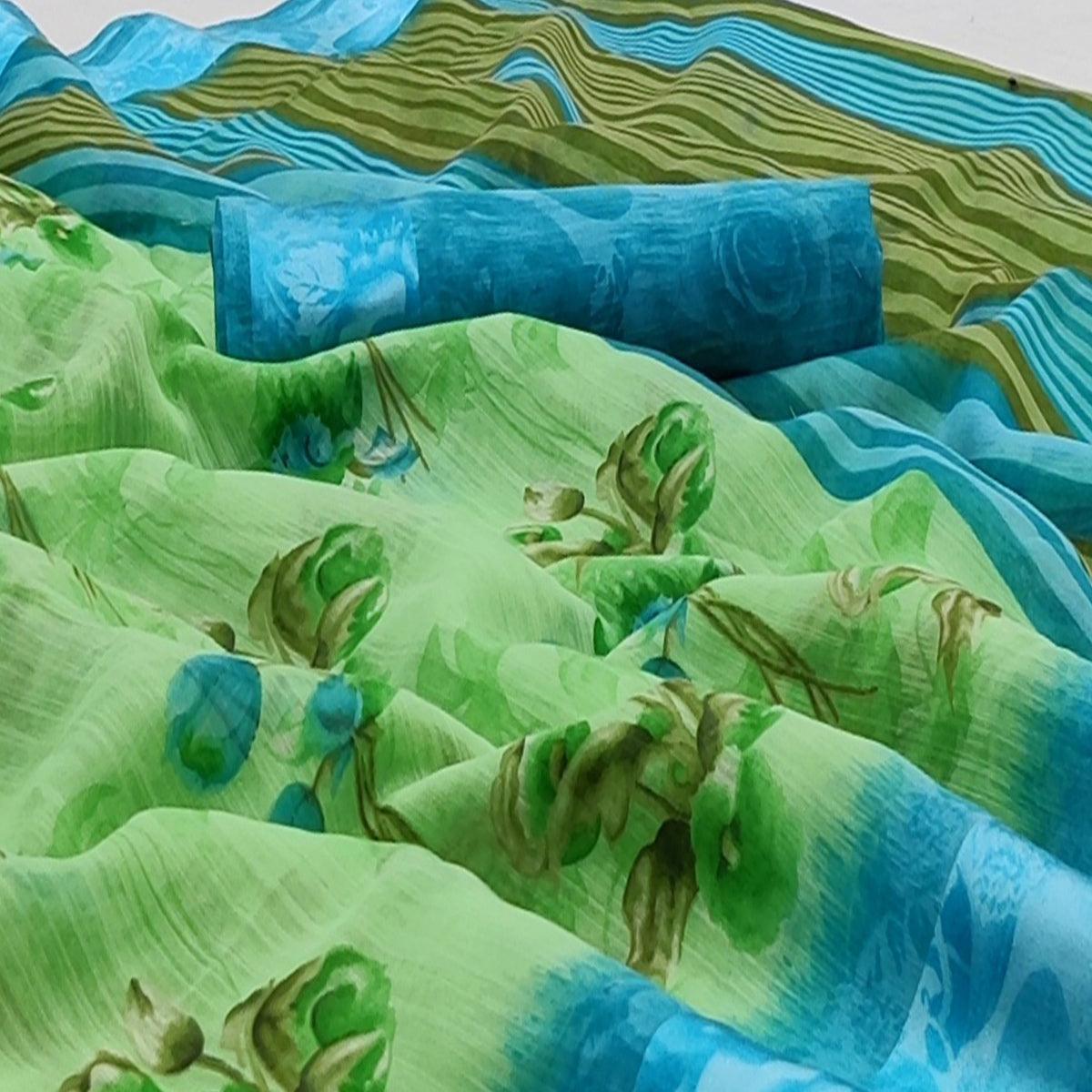 Green Casual Wear Floral Printed Linen-Satin Saree - Peachmode