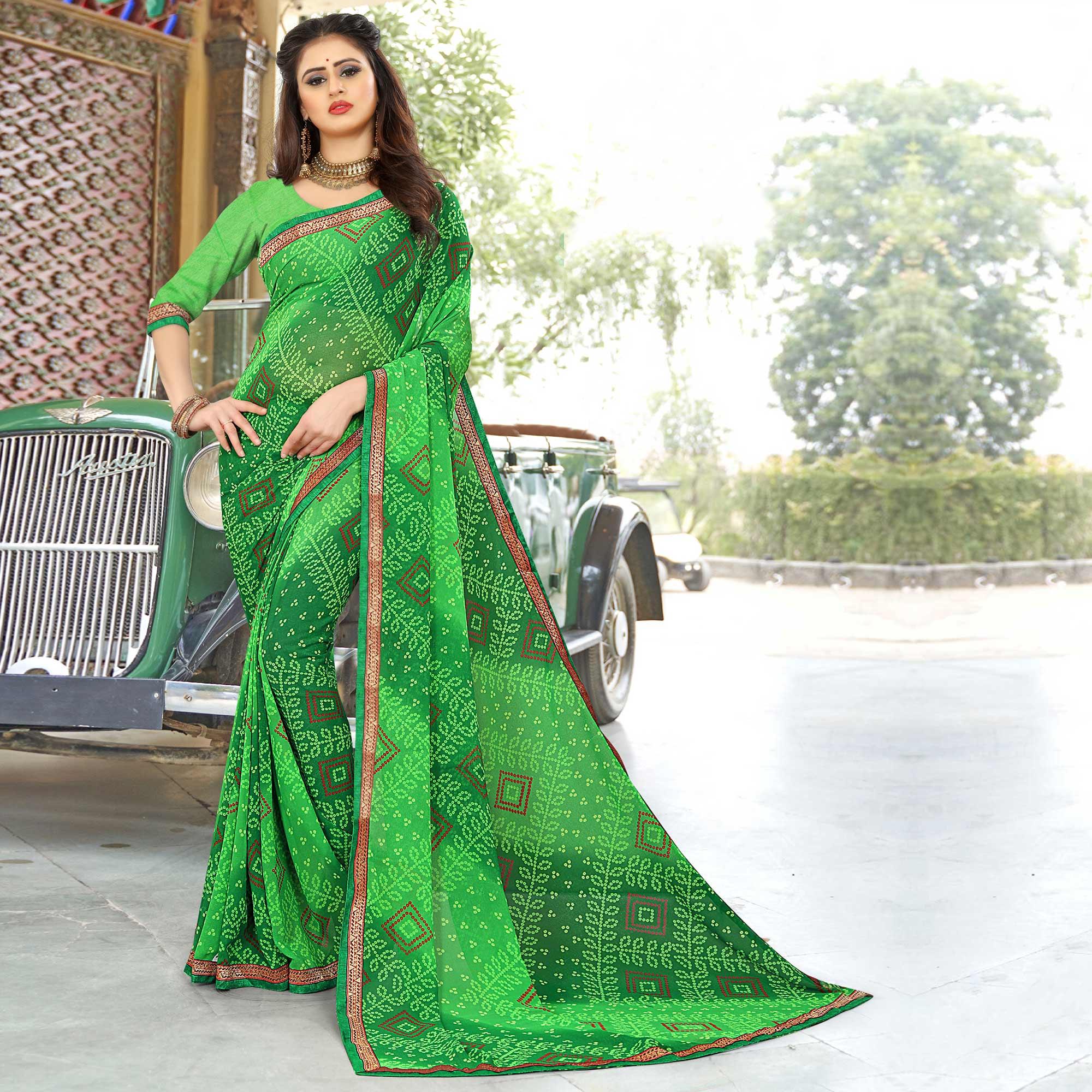 Green Casual Wear Floral Printed Soft Georgette Saree - Peachmode