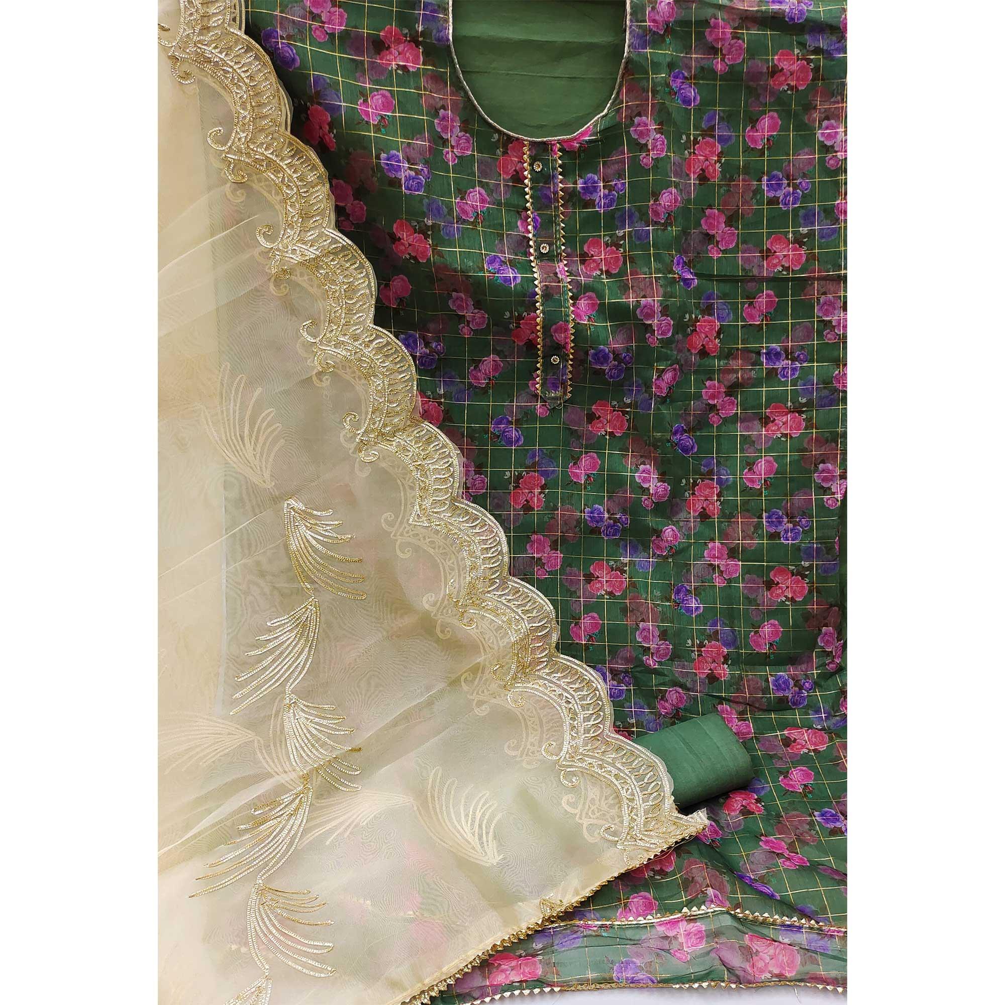Green Casual Wear Floral Printed With Checks Chanderi Dress Material - Peachmode