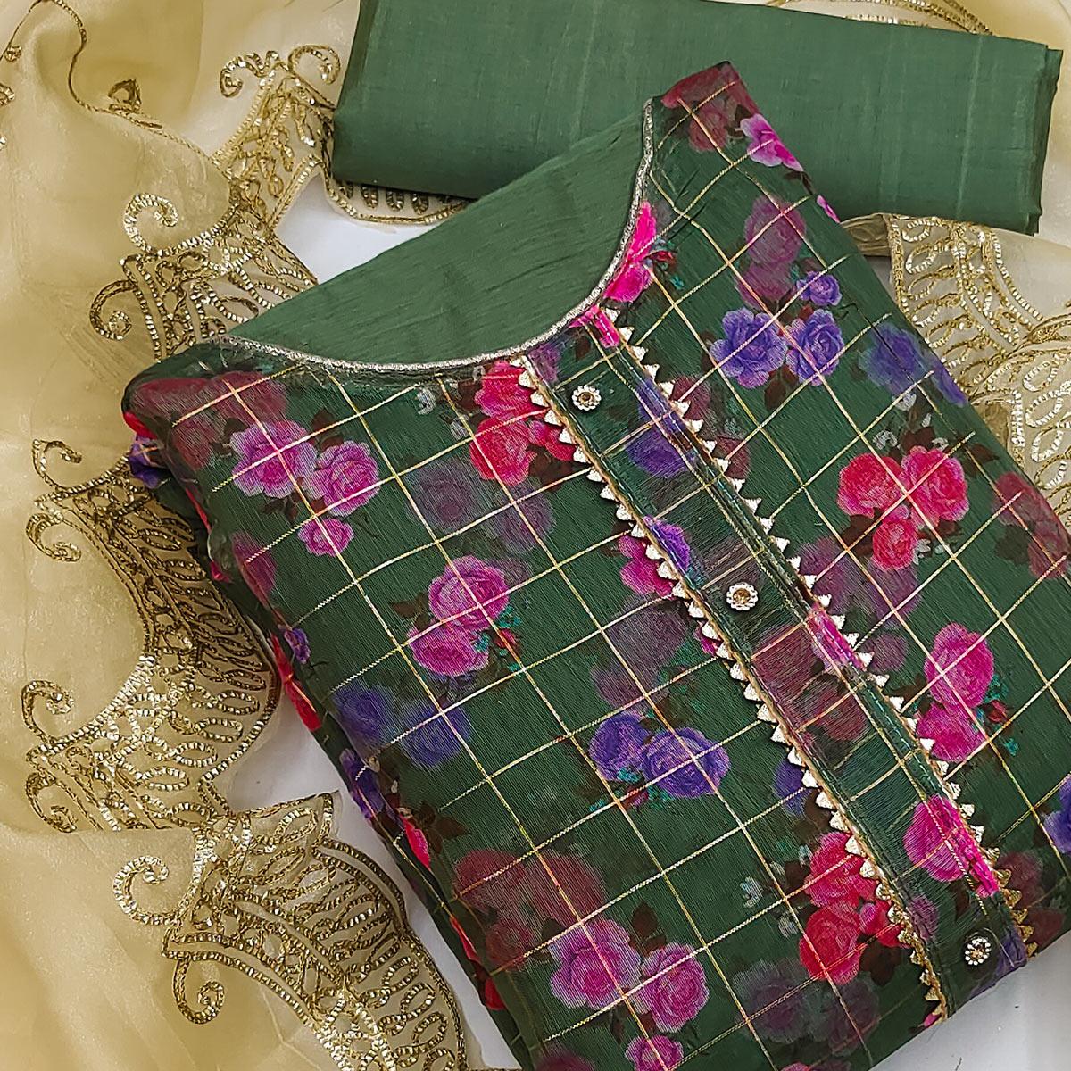 Green Casual Wear Floral Printed With Checks Chanderi Dress Material - Peachmode