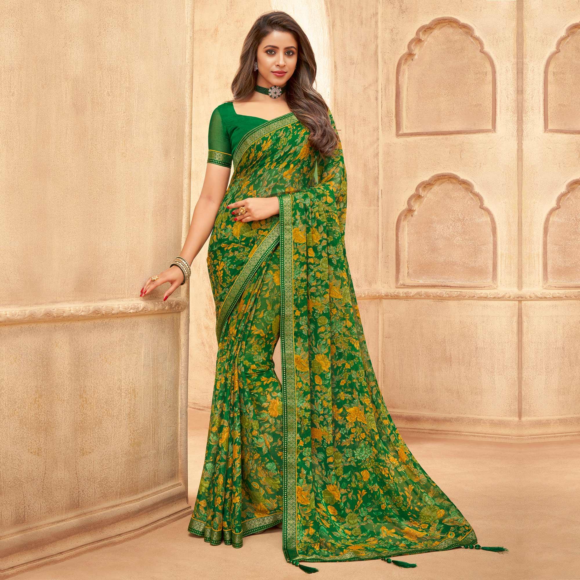 Green Casual Wear Floral Printed with Tassels Chiffon Saree - Peachmode