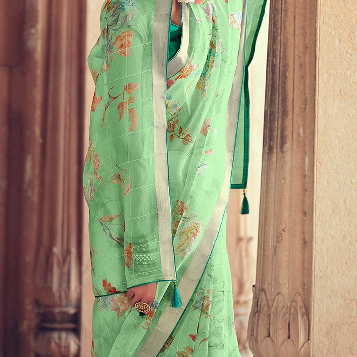 Green Casual Wear Floral Printed With Weaving Sequence Organza Saree - Peachmode