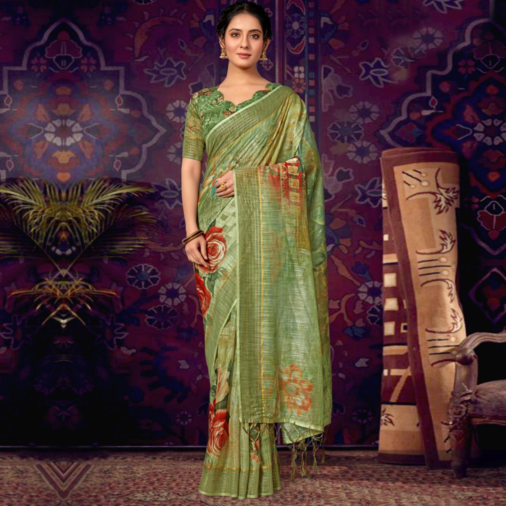 Green Casual Wear Floral Soft Cotton Saree - Peachmode