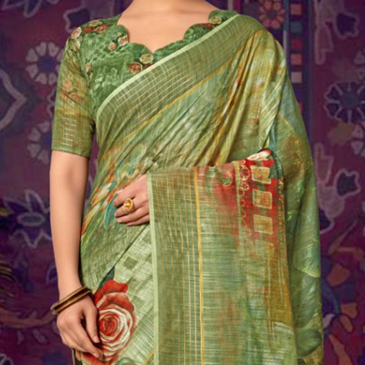 Green Casual Wear Floral Soft Cotton Saree - Peachmode