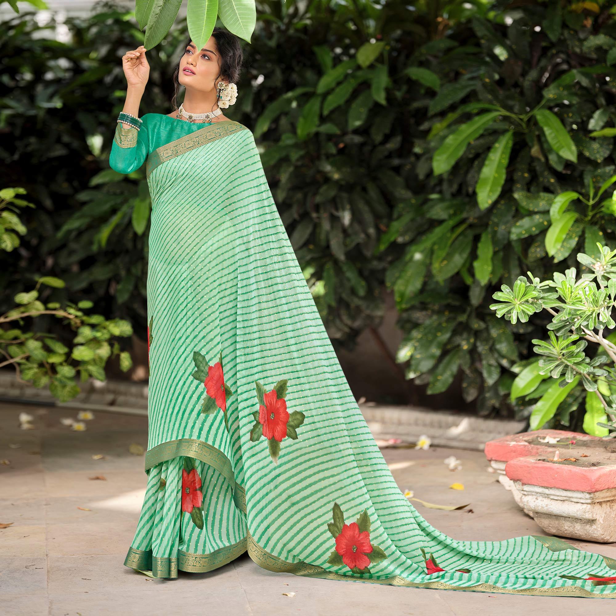 Green Casual Wear Floral With Striped Printed Georgette Saree - Peachmode