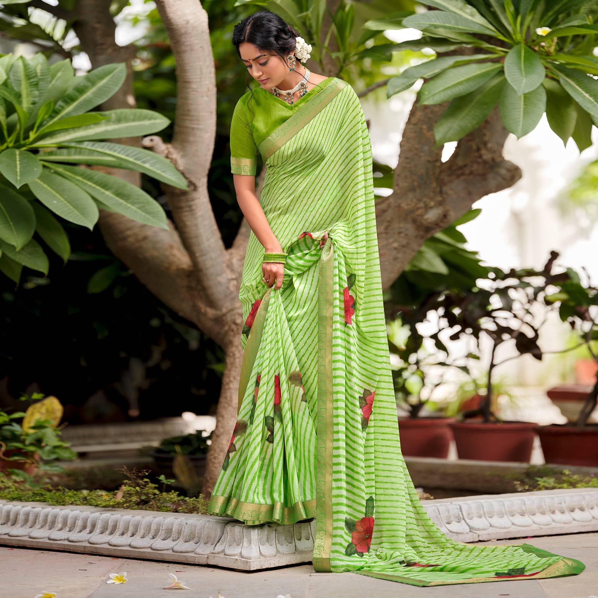 Green Casual Wear Floral With Striped Printed Georgette Saree - Peachmode