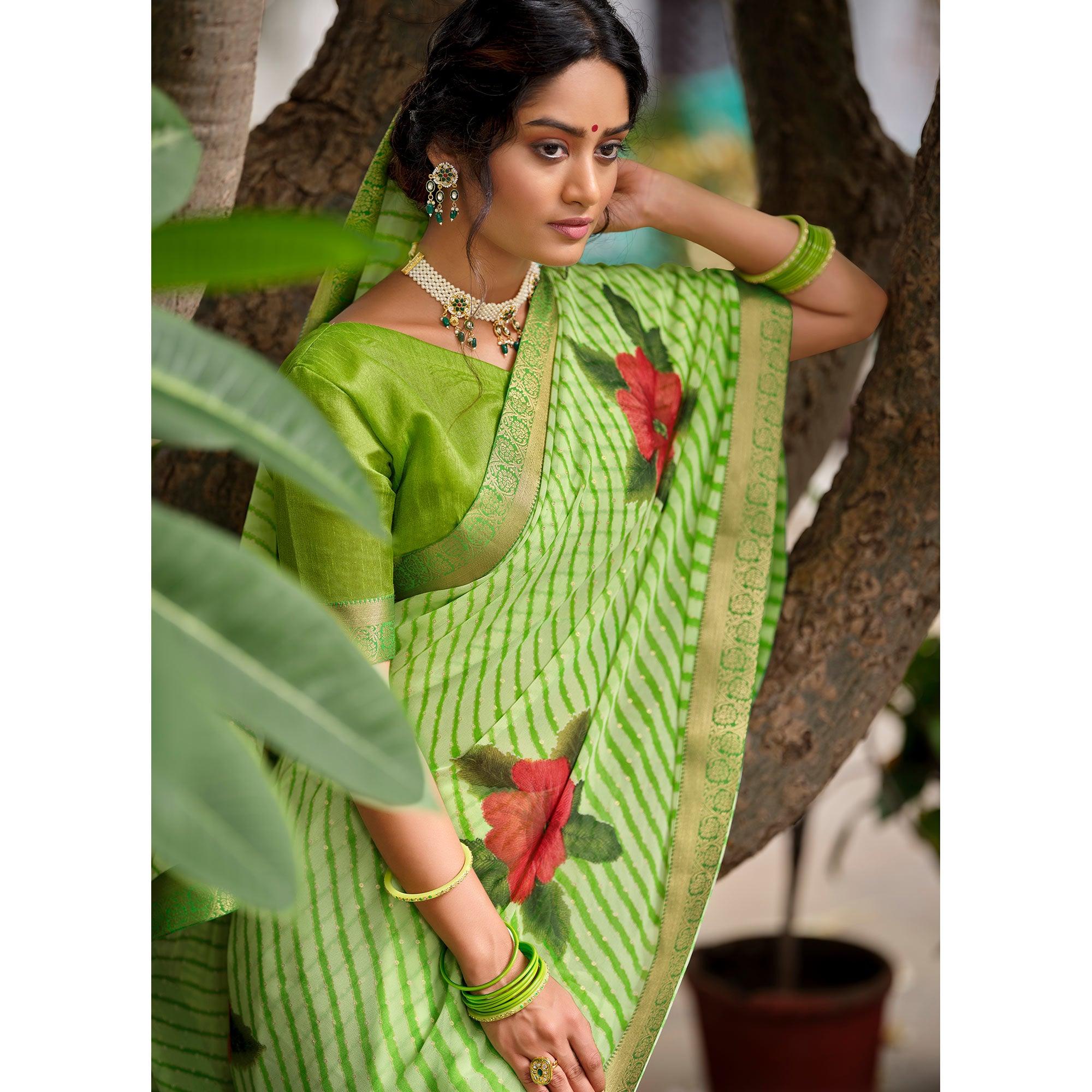 Green Casual Wear Floral With Striped Printed Georgette Saree - Peachmode