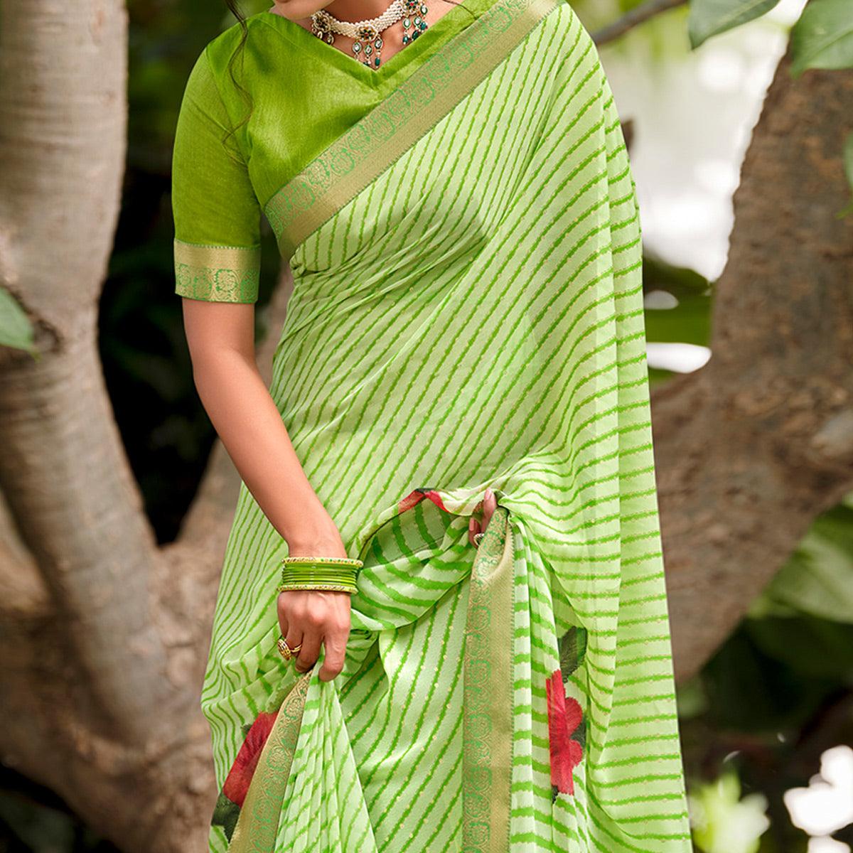 Green Casual Wear Floral With Striped Printed Georgette Saree - Peachmode