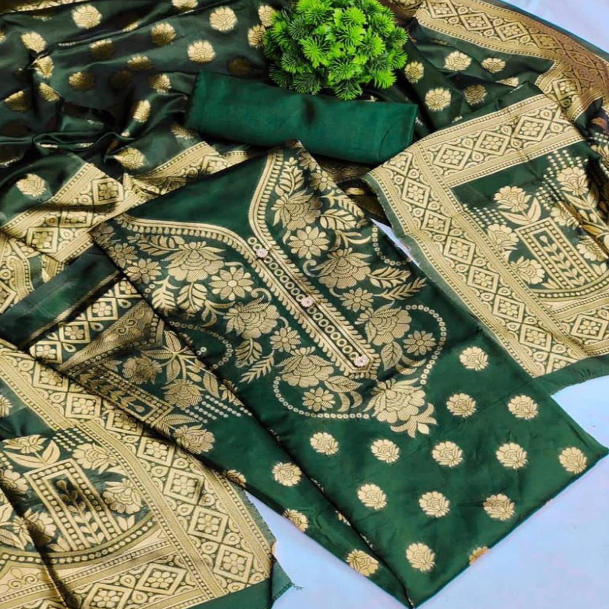 Green Casual Wear Floral Woven Banarasi Silk Dress Material - Peachmode