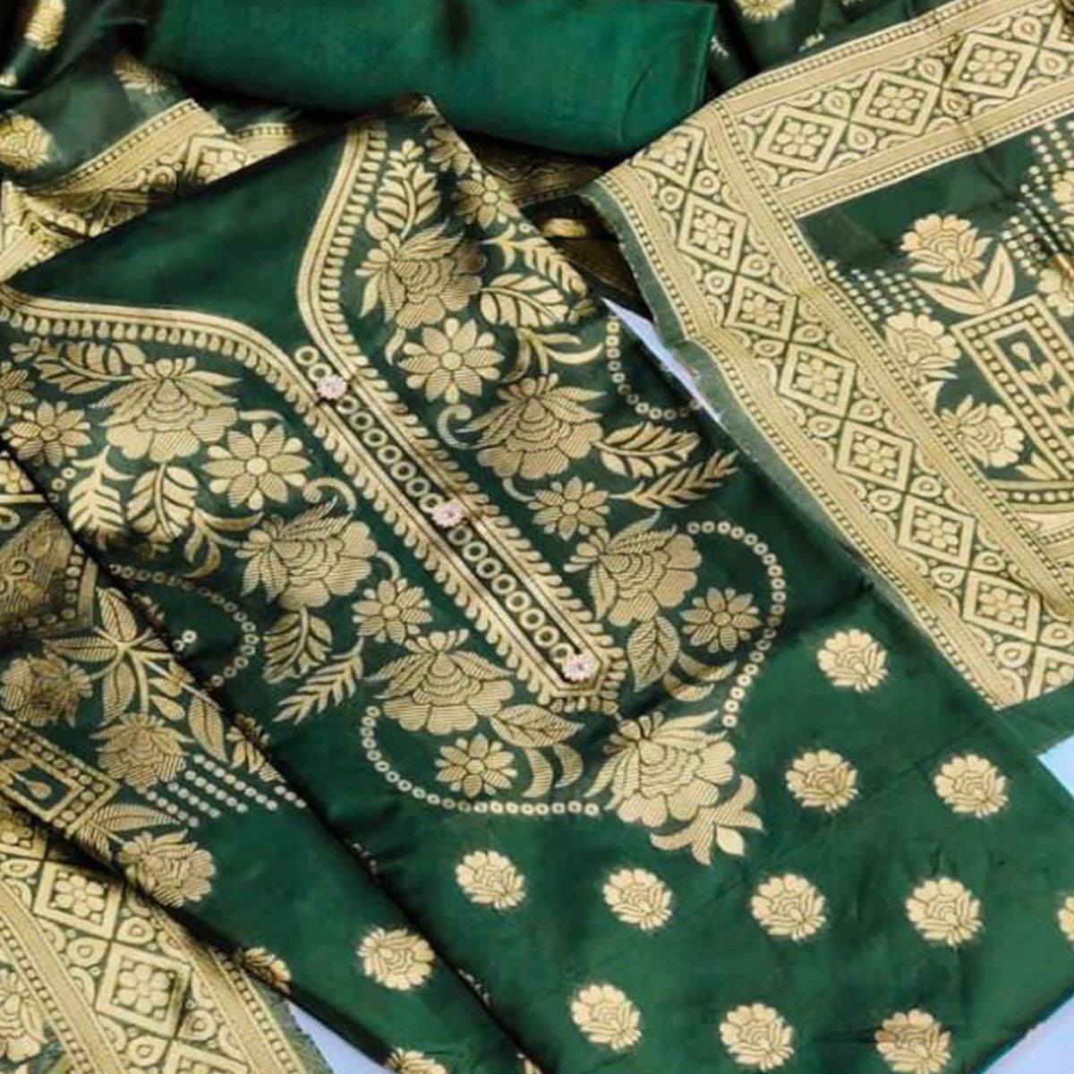 Green Casual Wear Floral Woven Banarasi Silk Dress Material - Peachmode