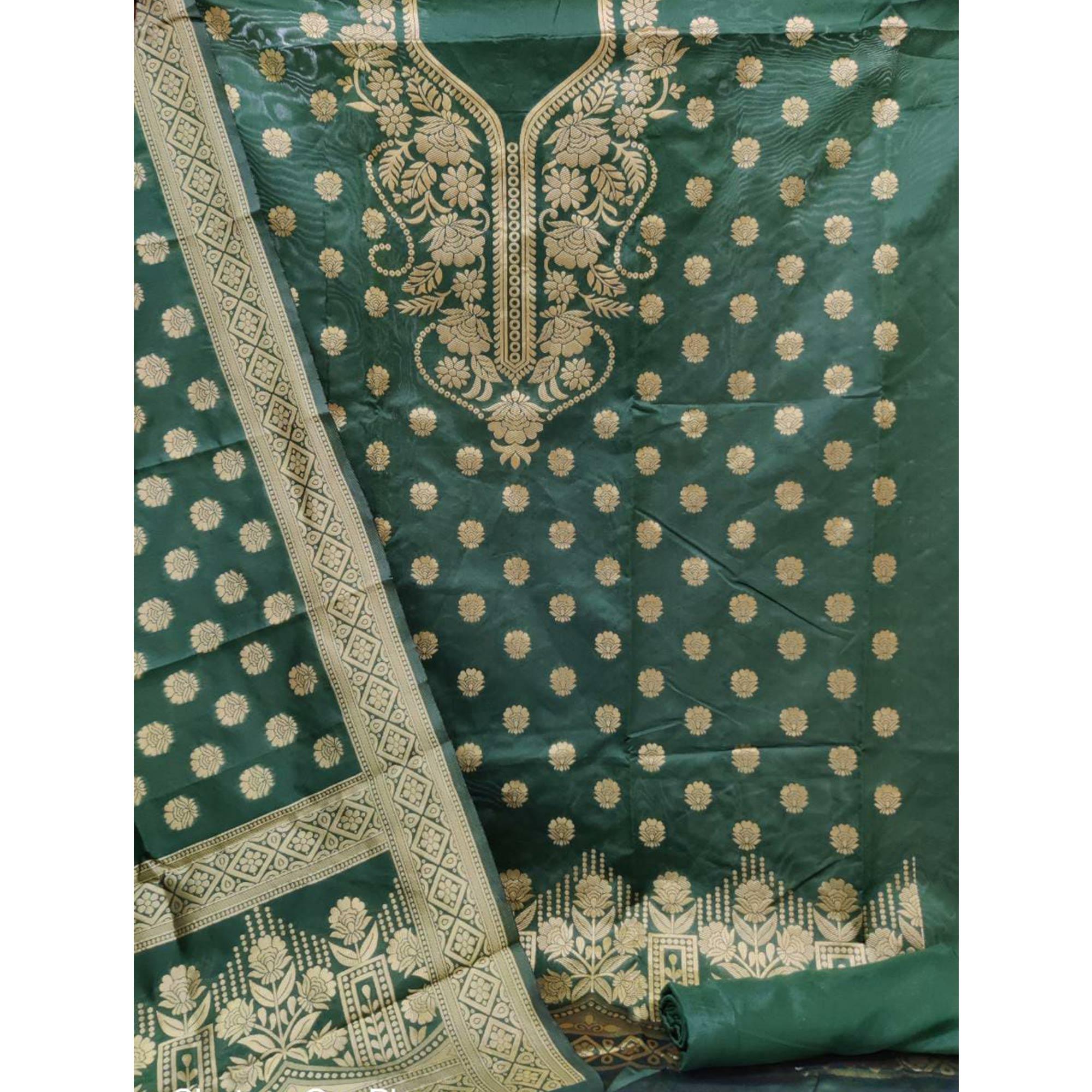 Green Casual Wear Floral Woven Banarasi Silk Dress Material - Peachmode
