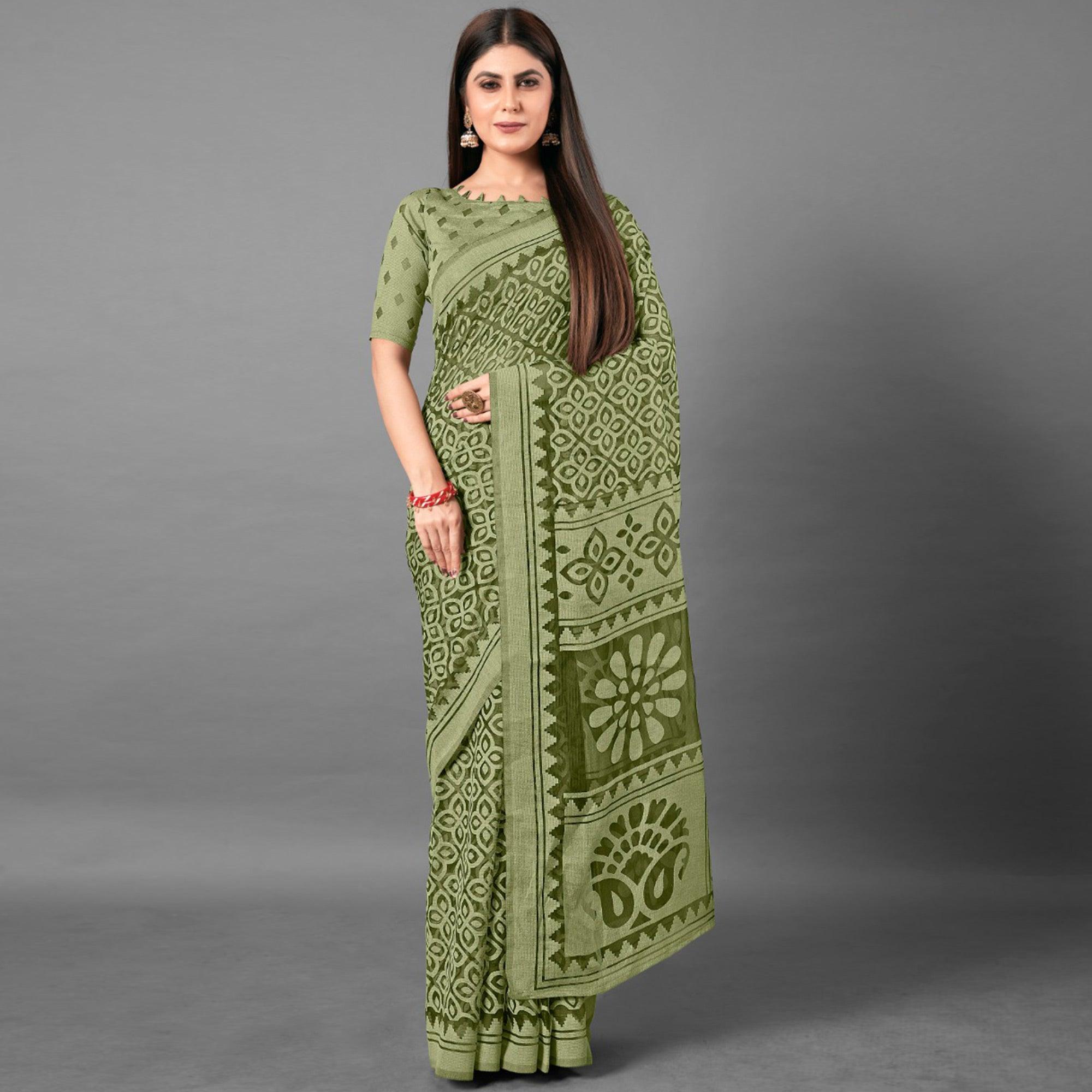 Green Casual Wear Flower Brasso Saree - Peachmode
