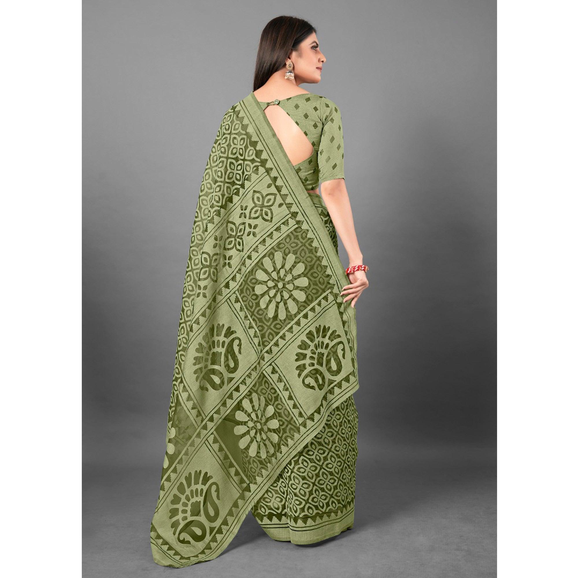Green Casual Wear Flower Brasso Saree - Peachmode
