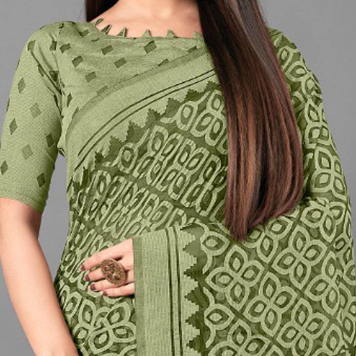 Green Casual Wear Flower Brasso Saree - Peachmode