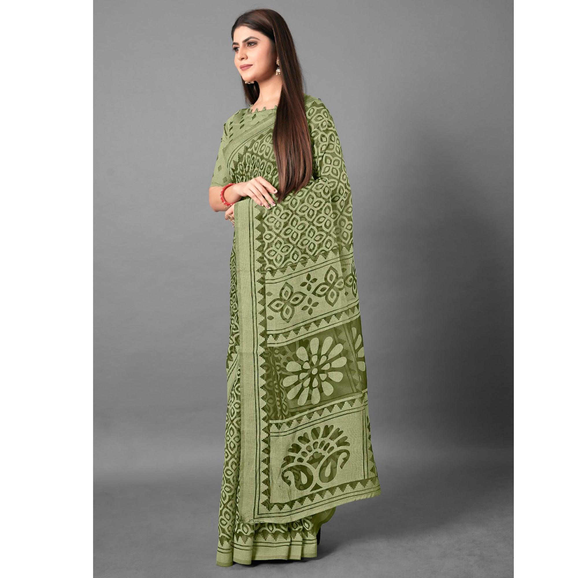 Green Casual Wear Flower Brasso Saree - Peachmode