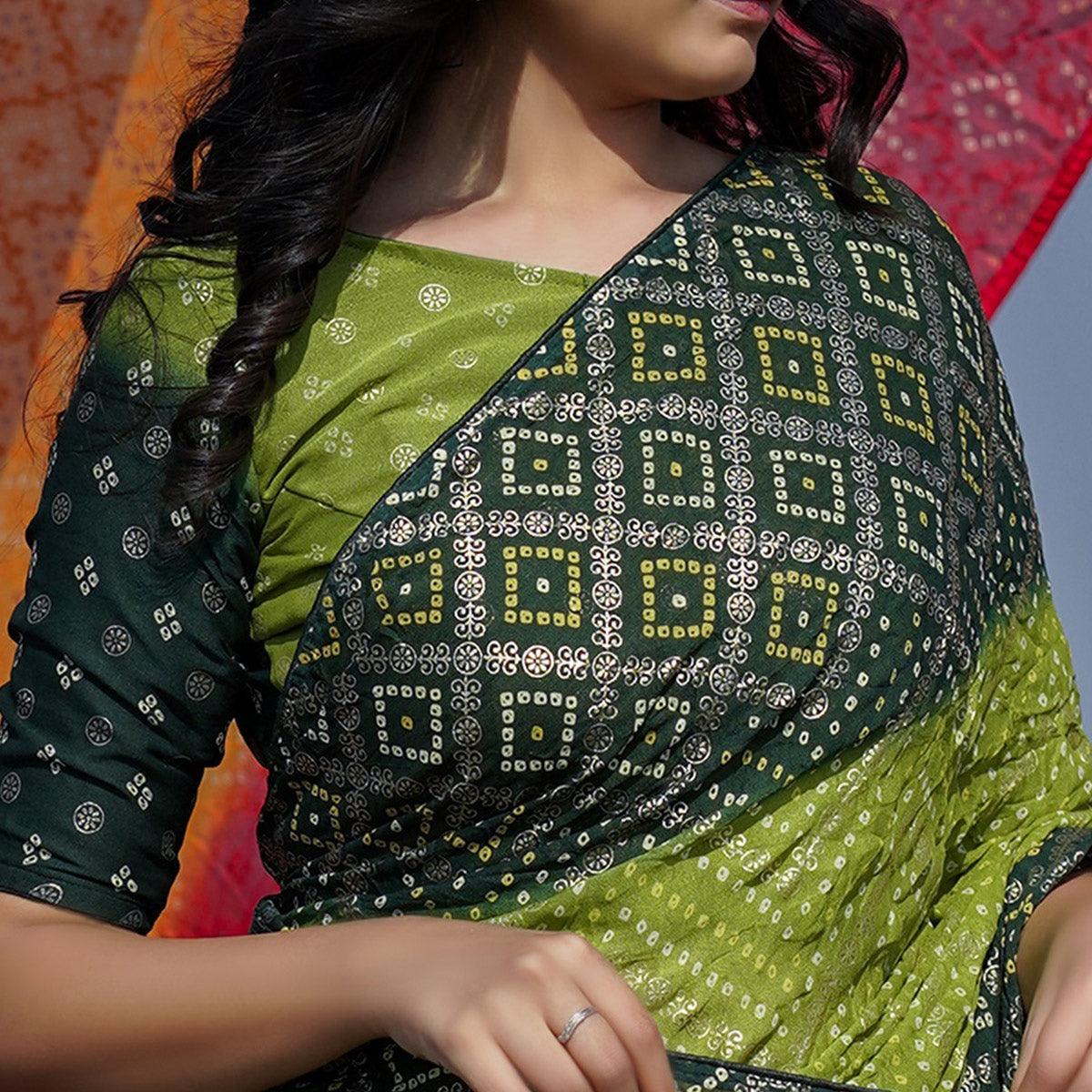 Green Casual Wear Foil Printed Crepe Saree - Peachmode