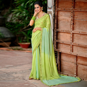 Green Casual Wear Foil Printed Georgette Saree - Peachmode