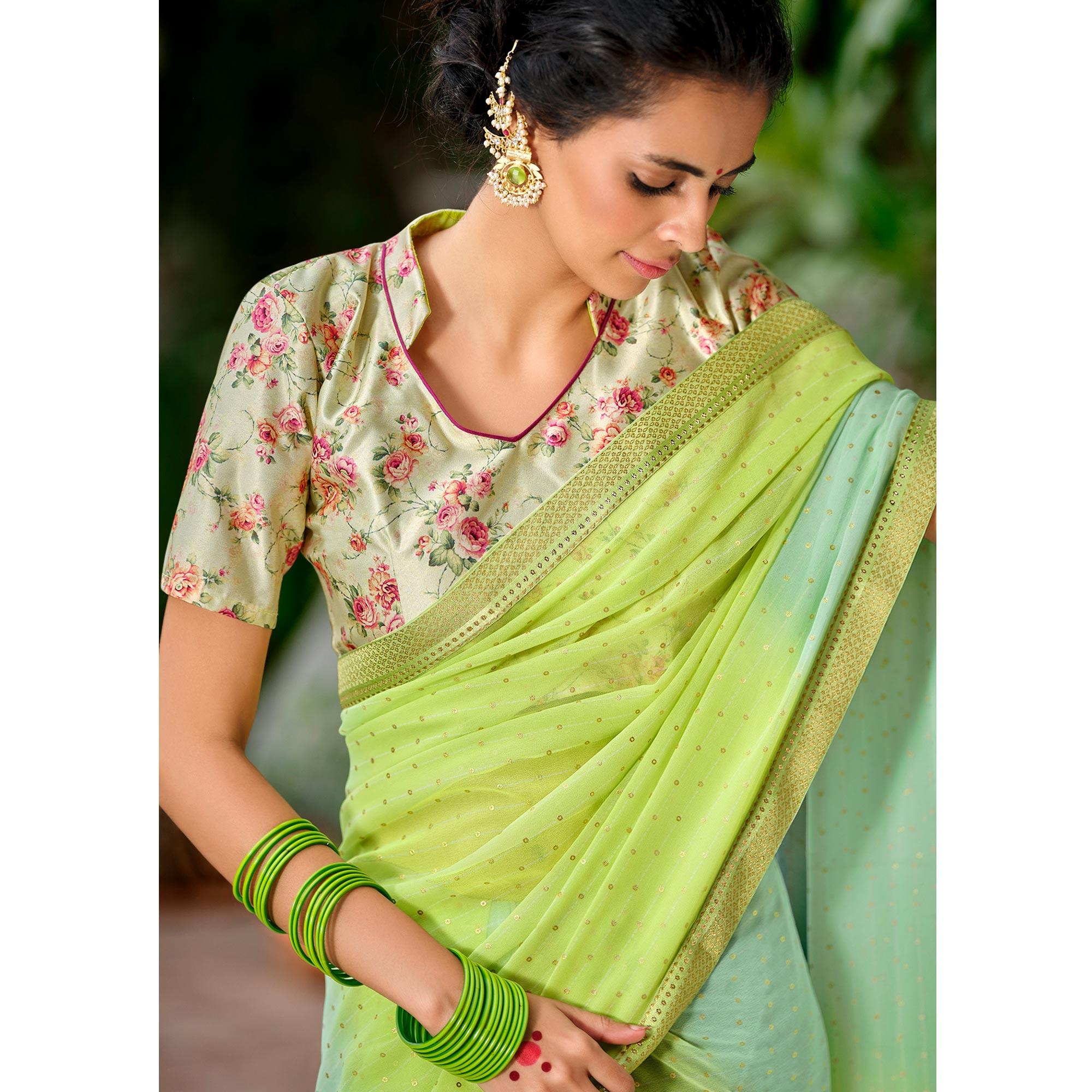 Green Casual Wear Foil Printed Georgette Saree - Peachmode