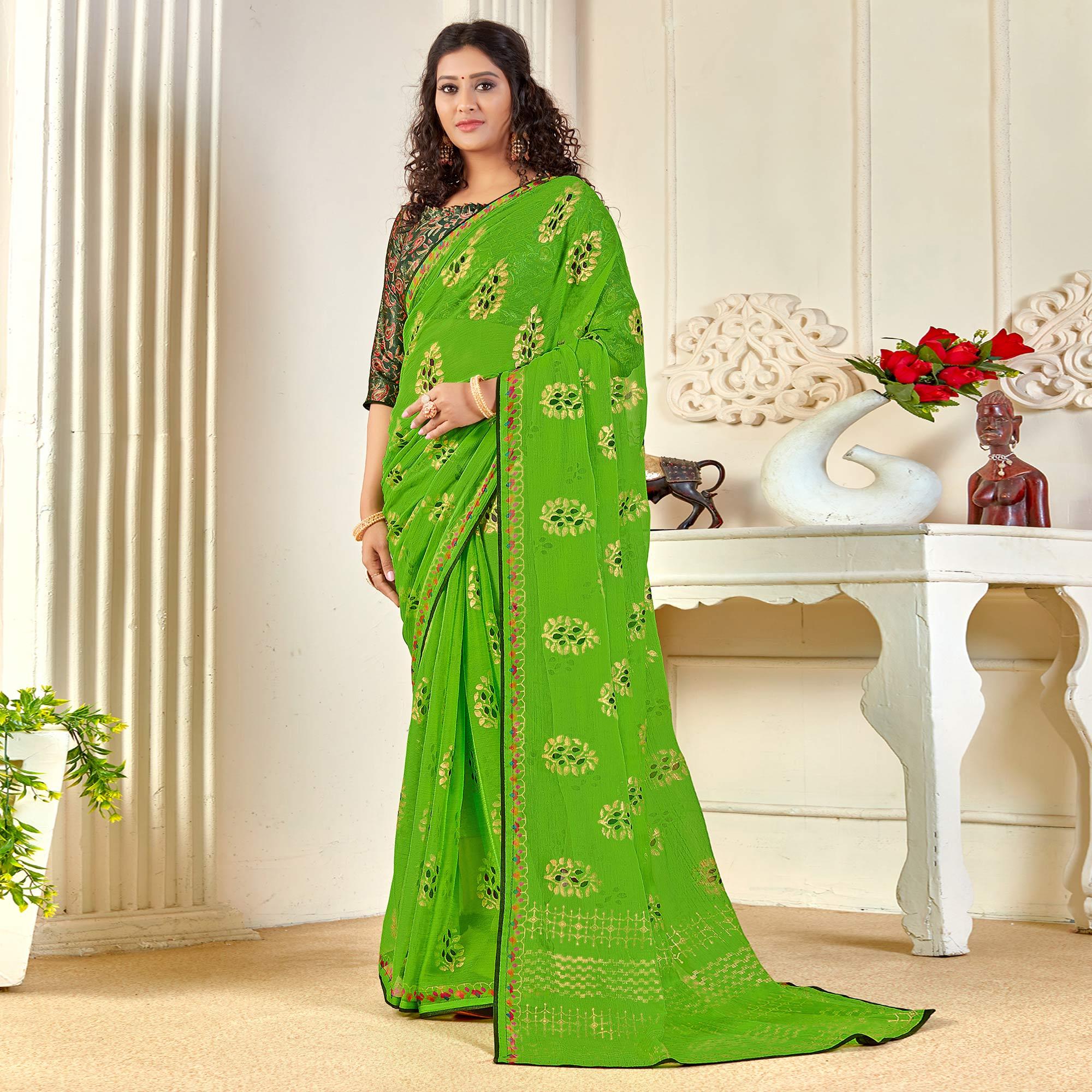 Green Casual Wear Foil Printed Pure Chiffon Saree - Peachmode