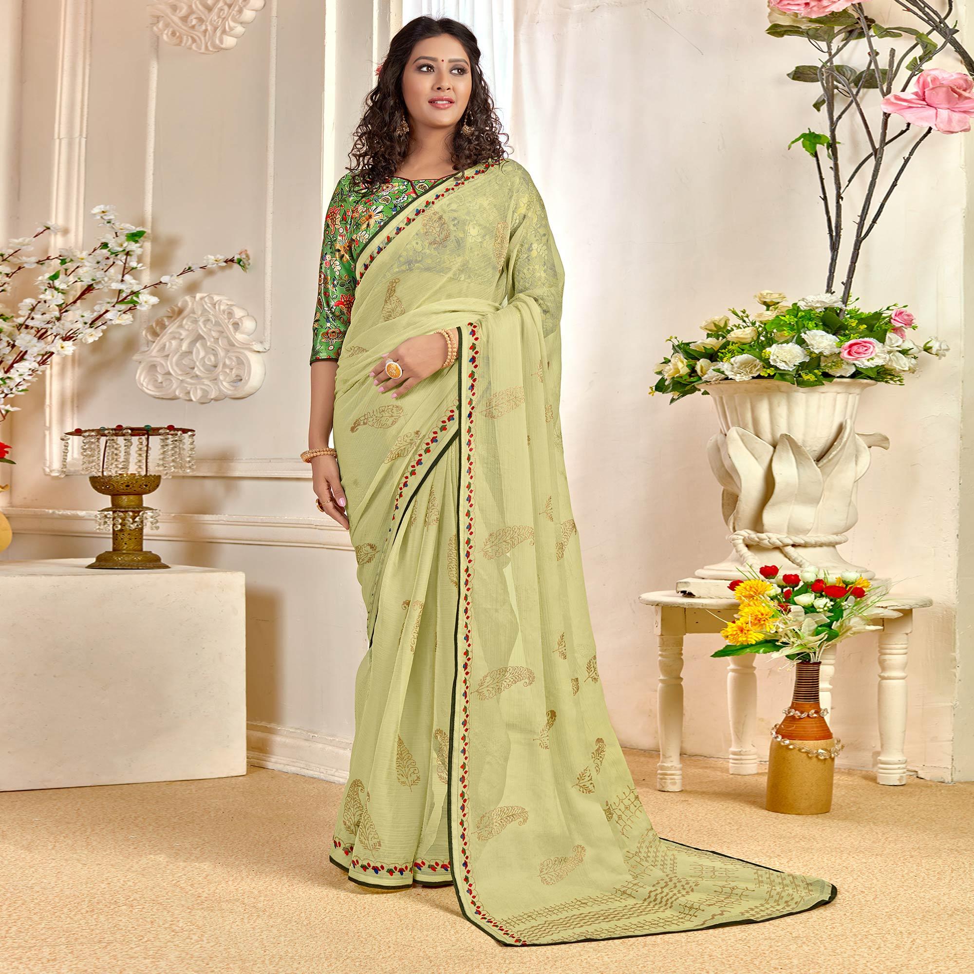 Green Casual Wear Foil Printed Pure Chiffon Saree - Peachmode