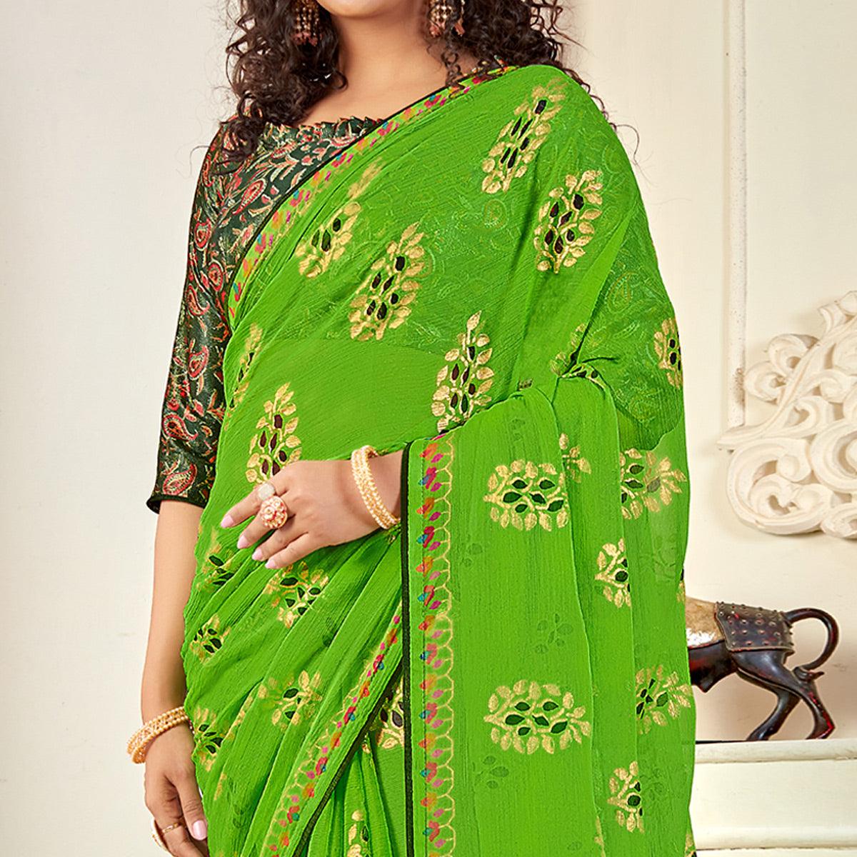 Green Casual Wear Foil Printed Pure Chiffon Saree - Peachmode